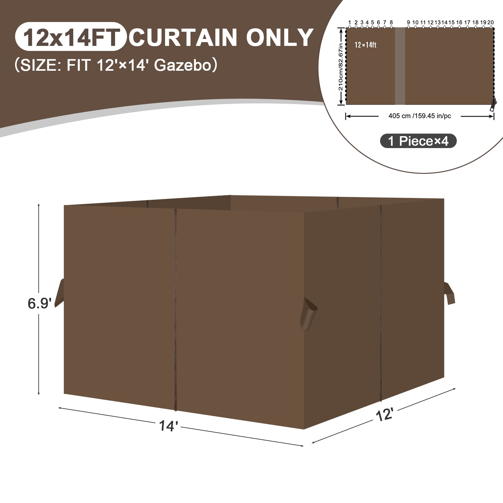 Outdoor Gazebo Curtains, 4 Panels Privacy Sidewall Replacement (Curtain Only) - Brown - Aoodor 