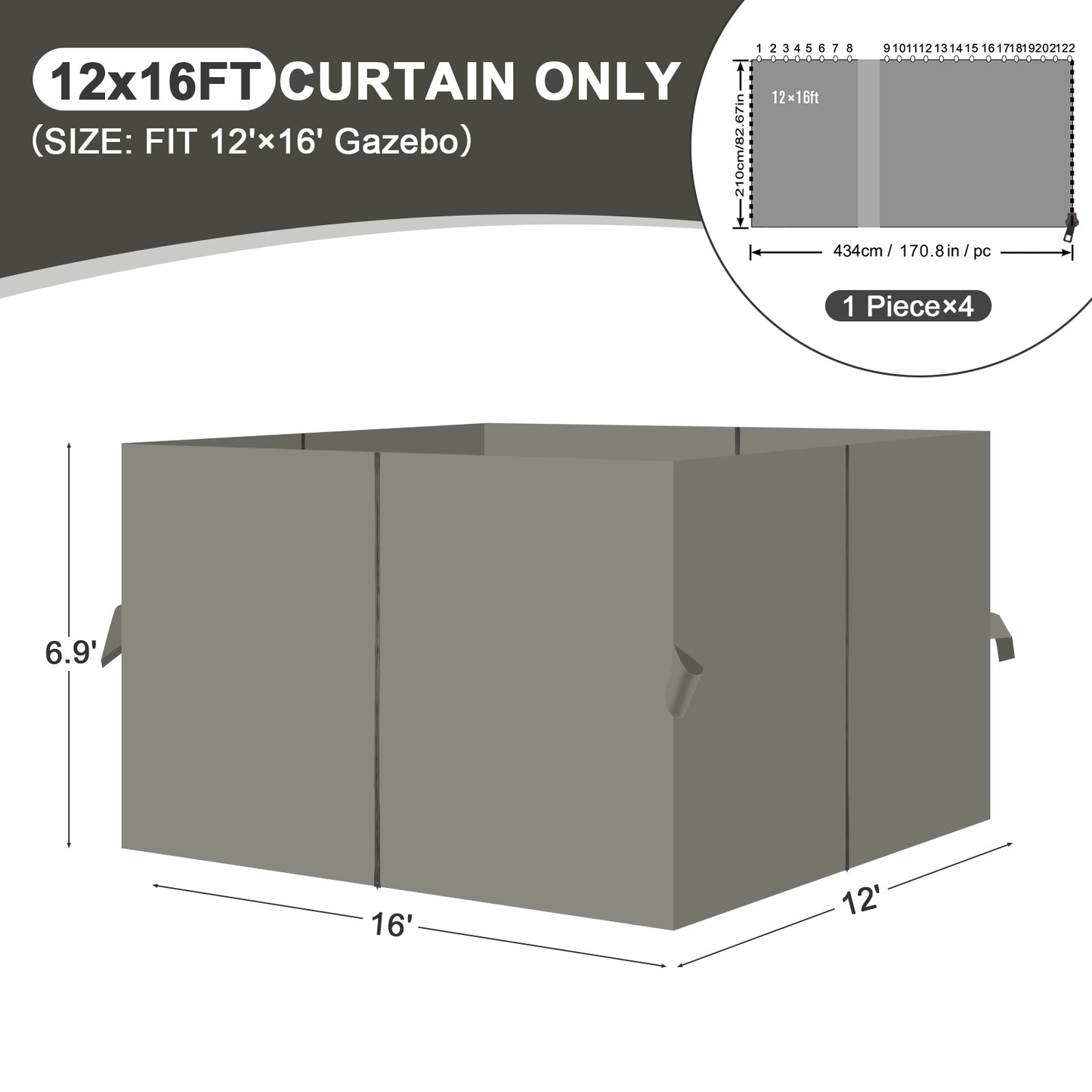 Outdoor Gazebo Curtains, 4 Panels Privacy Sidewall Replacement (Curtain Only) - Grey - Aoodor 