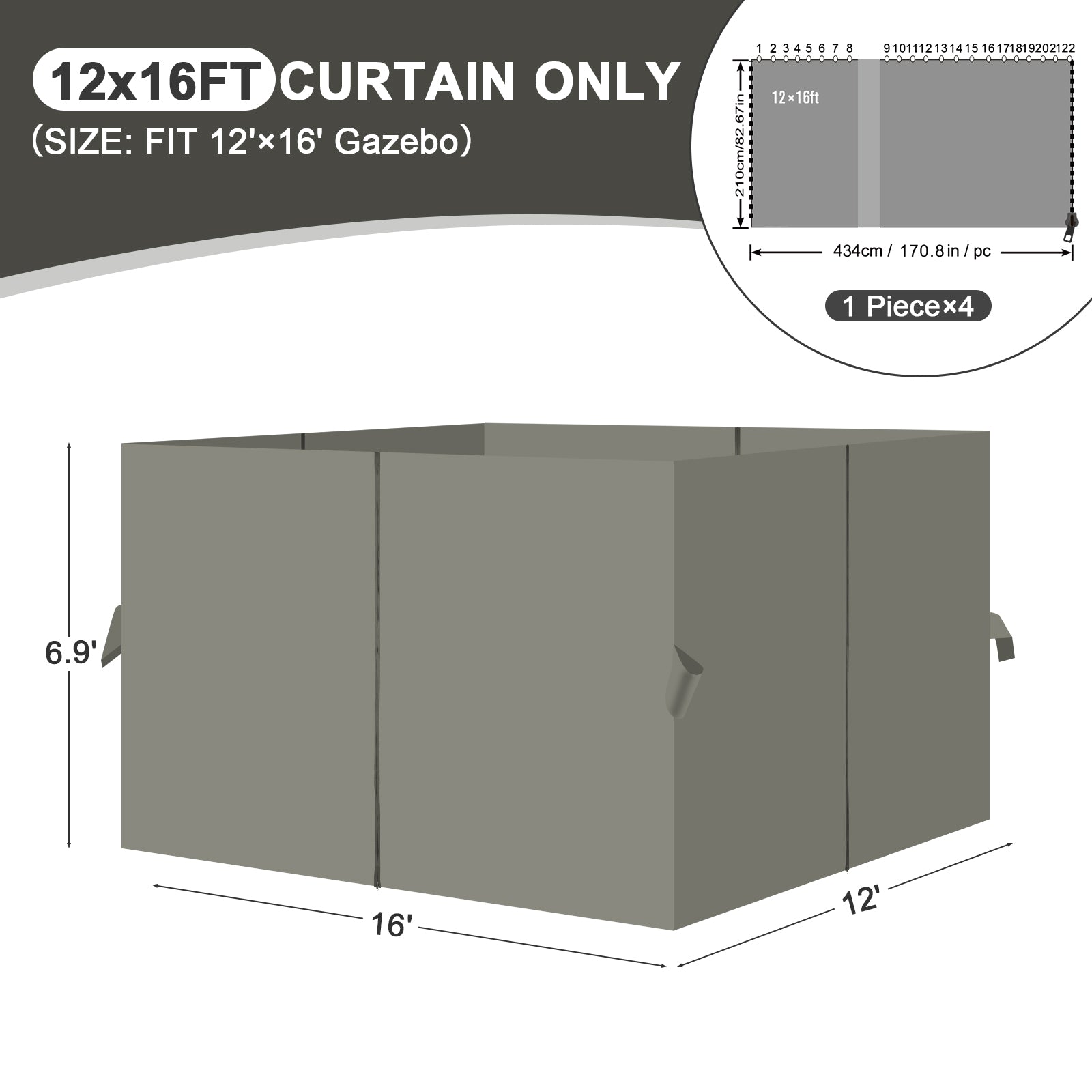 Outdoor Gazebo Curtains, 4 Panels Privacy Sidewall Replacement (Curtain Only) - Grey - Aoodor 