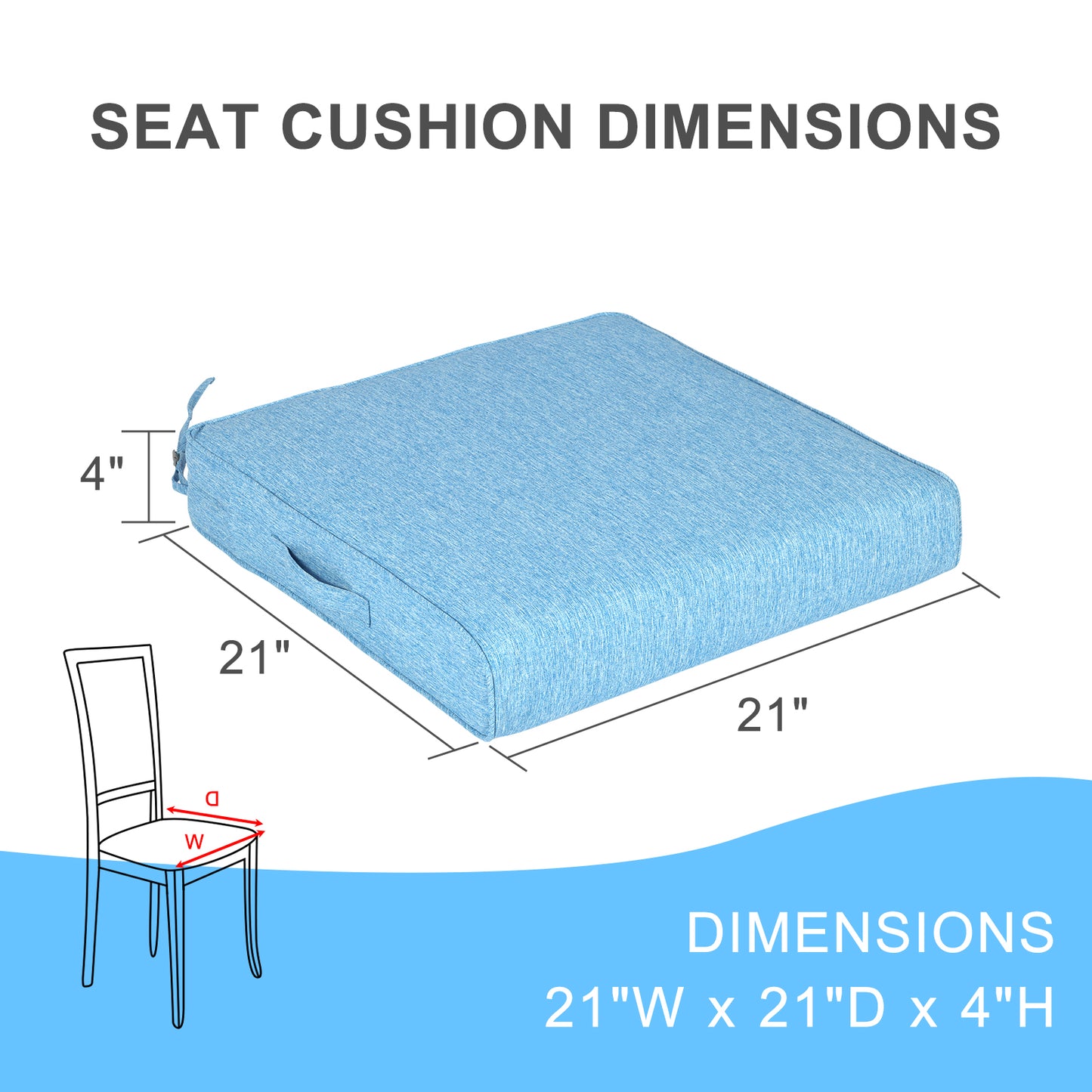 Outdoor Chair Cushions Set of 2 with Handle and Ties, Water Resistant Patio Seat Pads, Lake Blue