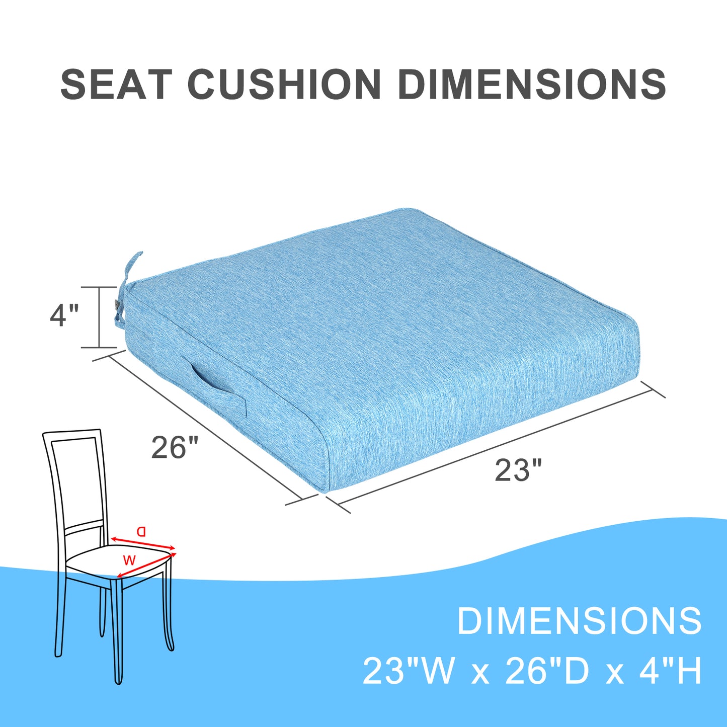 Outdoor Chair Cushions Set of 2 with Handle and Ties, Water Resistant Patio Seat Pads, Lake Blue