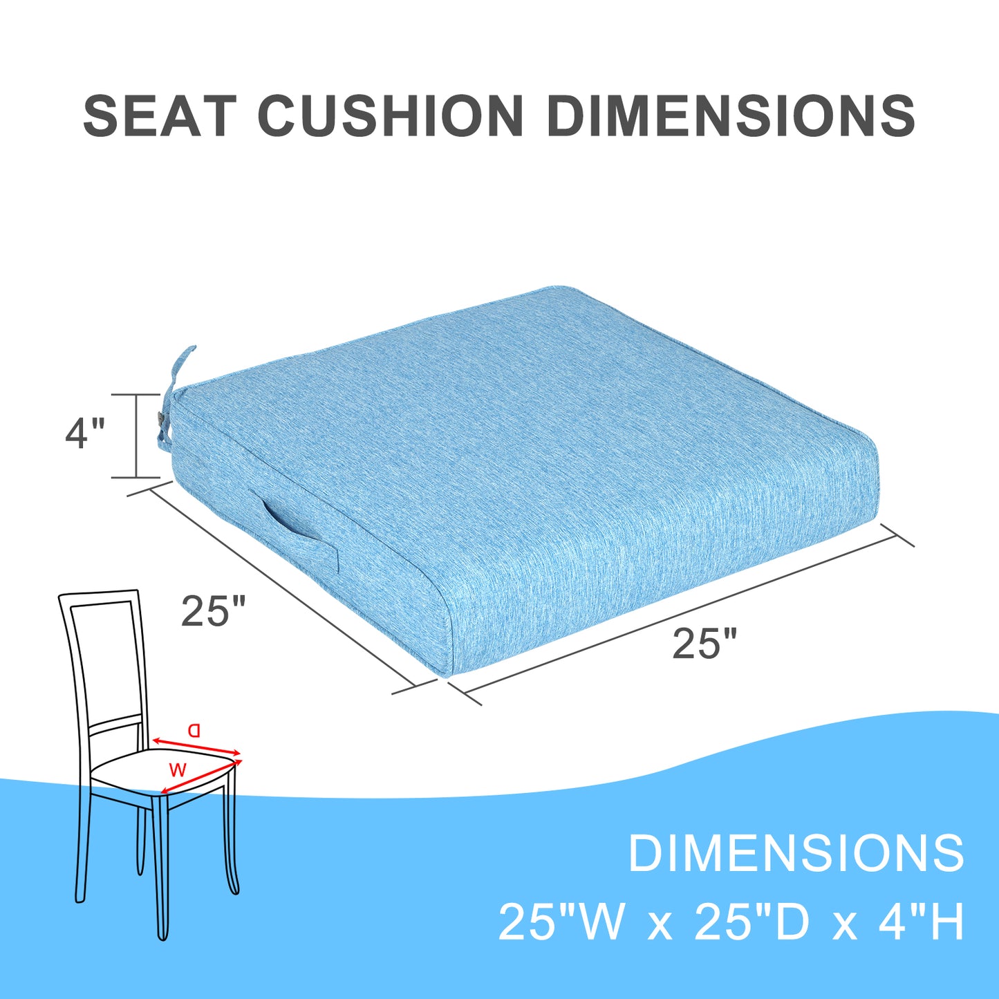 Outdoor Chair Cushions Set of 2 with Handle and Ties, Water Resistant Patio Seat Pads, Lake Blue