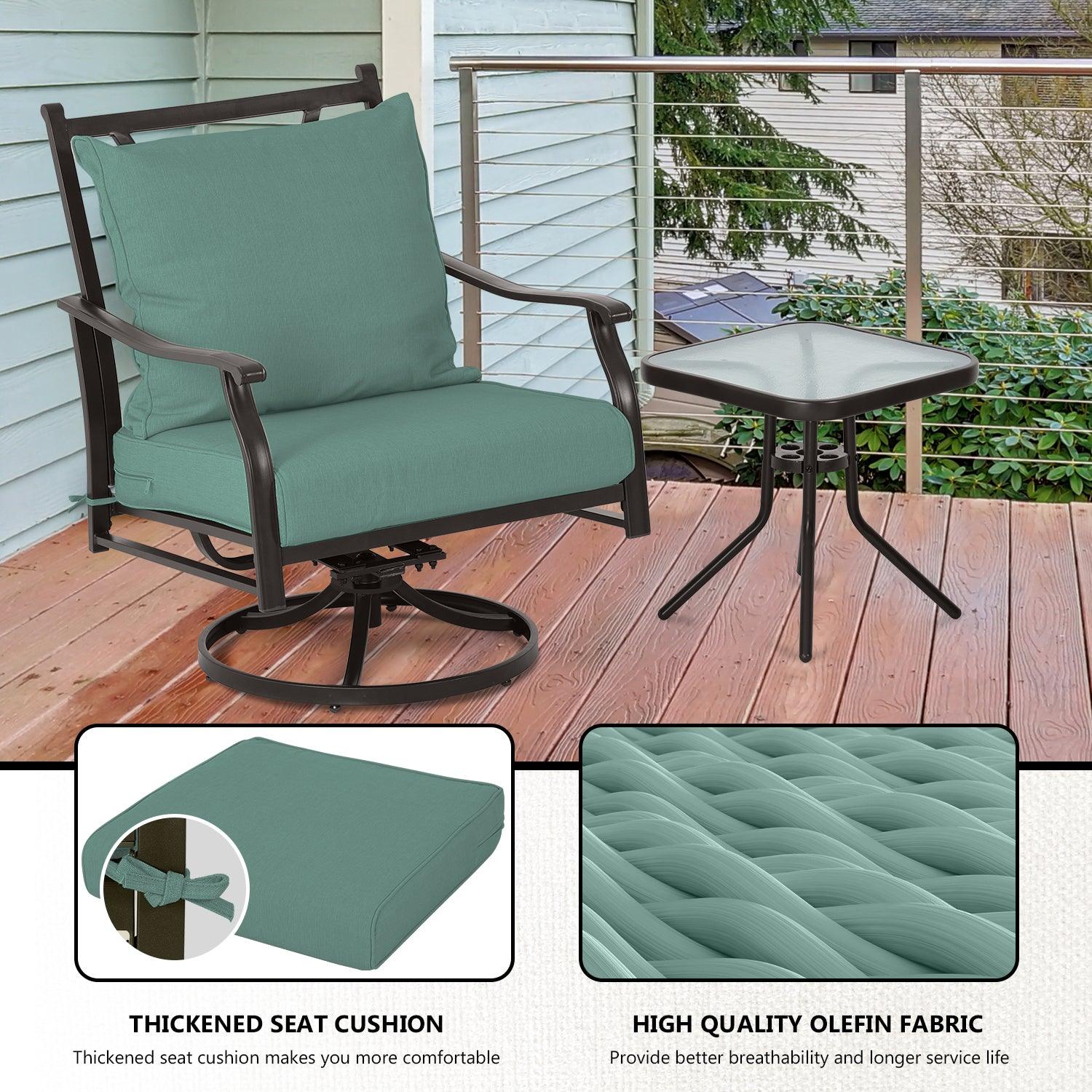 Outdoor Swivel Chair Set -  Two Chairs, One Glass Table, and Two Thick Cushions - Aoodor 