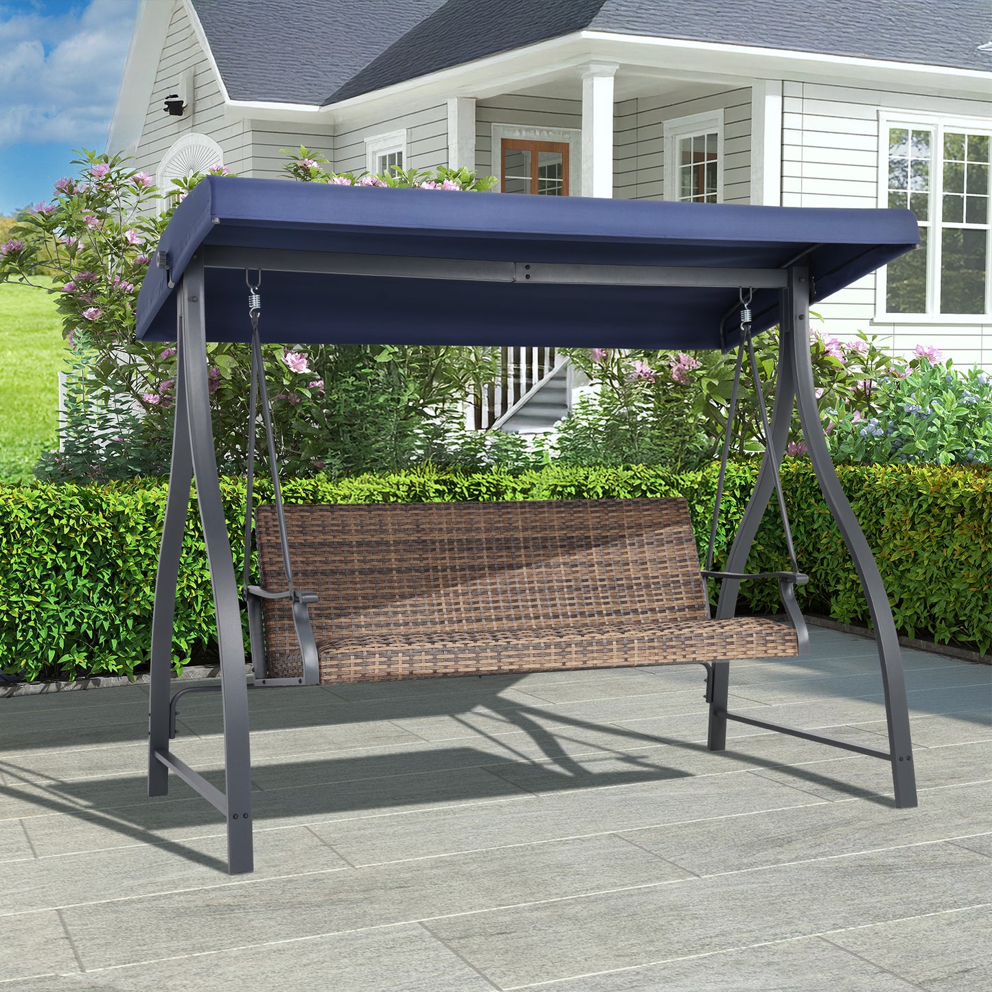 3-Seat Outdoor Rattan Patio Swing with Adjustable Canopy - Aoodor 