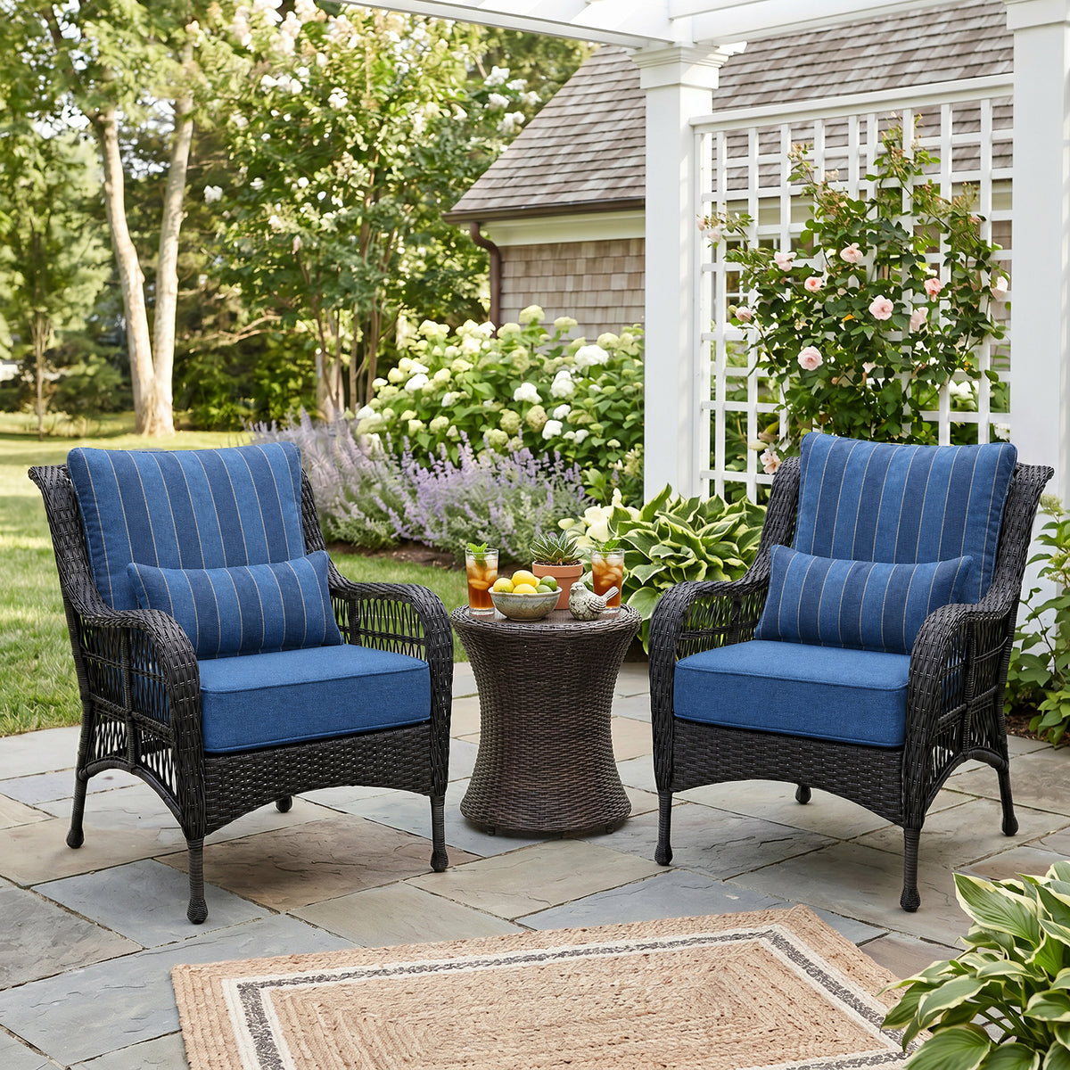 Outdoor Deep Seat Cushion Set with Lumbar Pillow, Dark Blue Stripes
