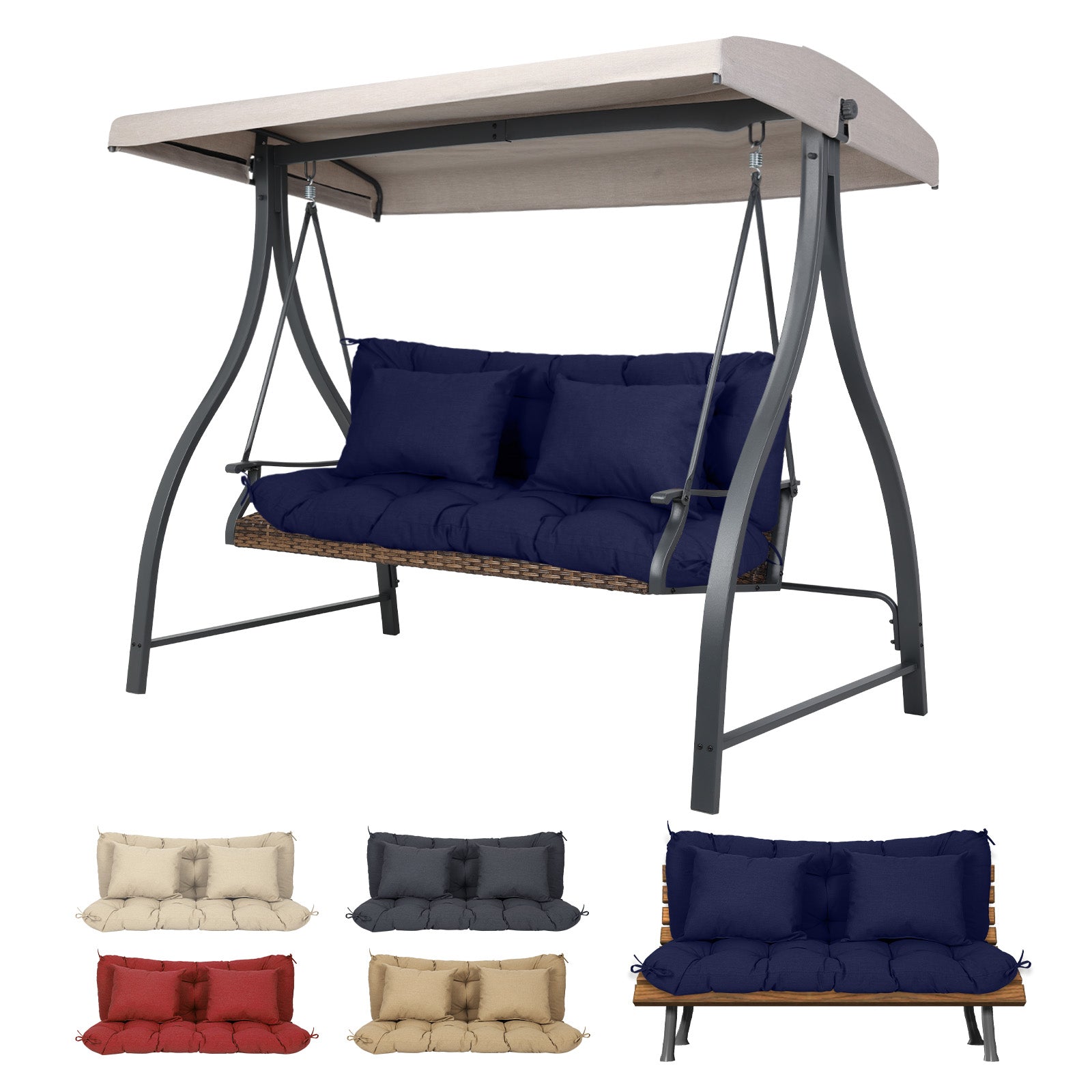 59" Tufted Porch Swing Cushions, Extra 5.1" Thick Outdoor Swing Bench Replacement Cushion with Backrest and 2 Pillows - Dark Blue - Aoodor 