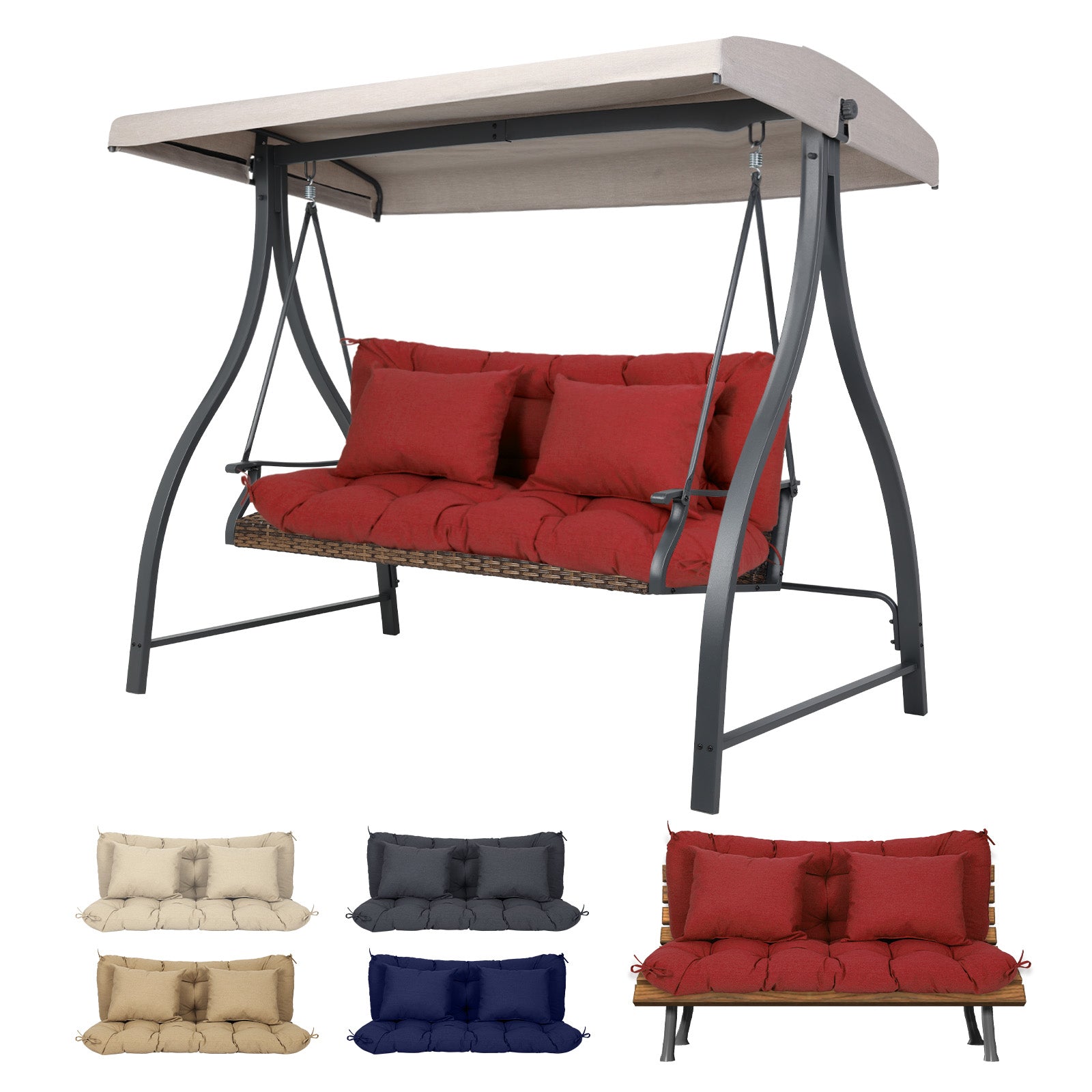 59" Tufted Porch Swing Cushions, Extra 5.1" Thick Outdoor Swing Bench Replacement Cushion with Backrest and 2 Pillows - Red - Aoodor 