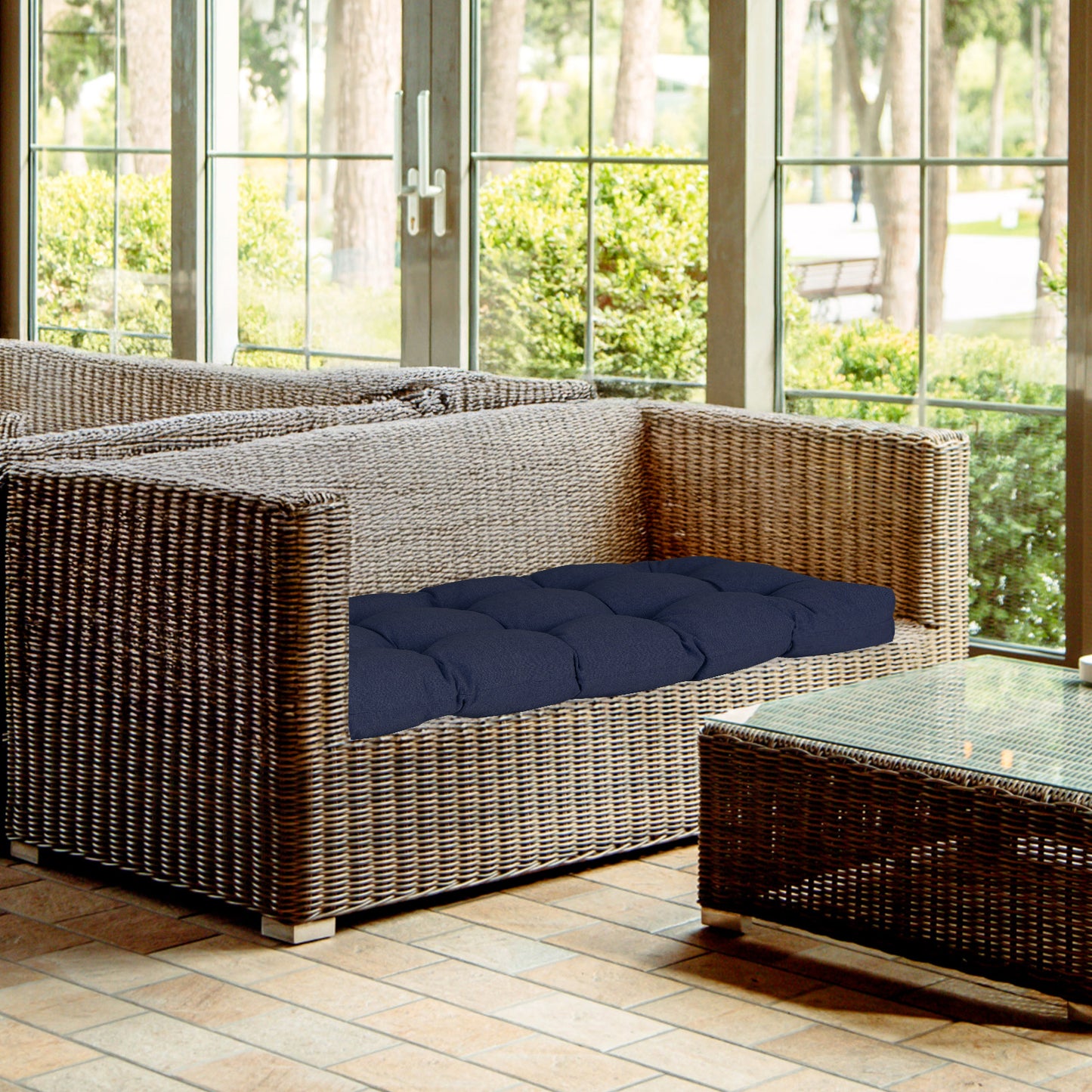 Outdoor Polyester Tufted Bench Cushion, Water & Fade Resistant, Dark Blue - Aoodor 