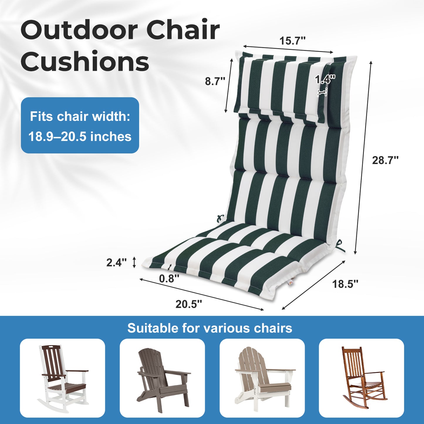47x21x2.4 inch High Back Patio Chair Cushions with Headrest, Multi-Section, Green Stripe