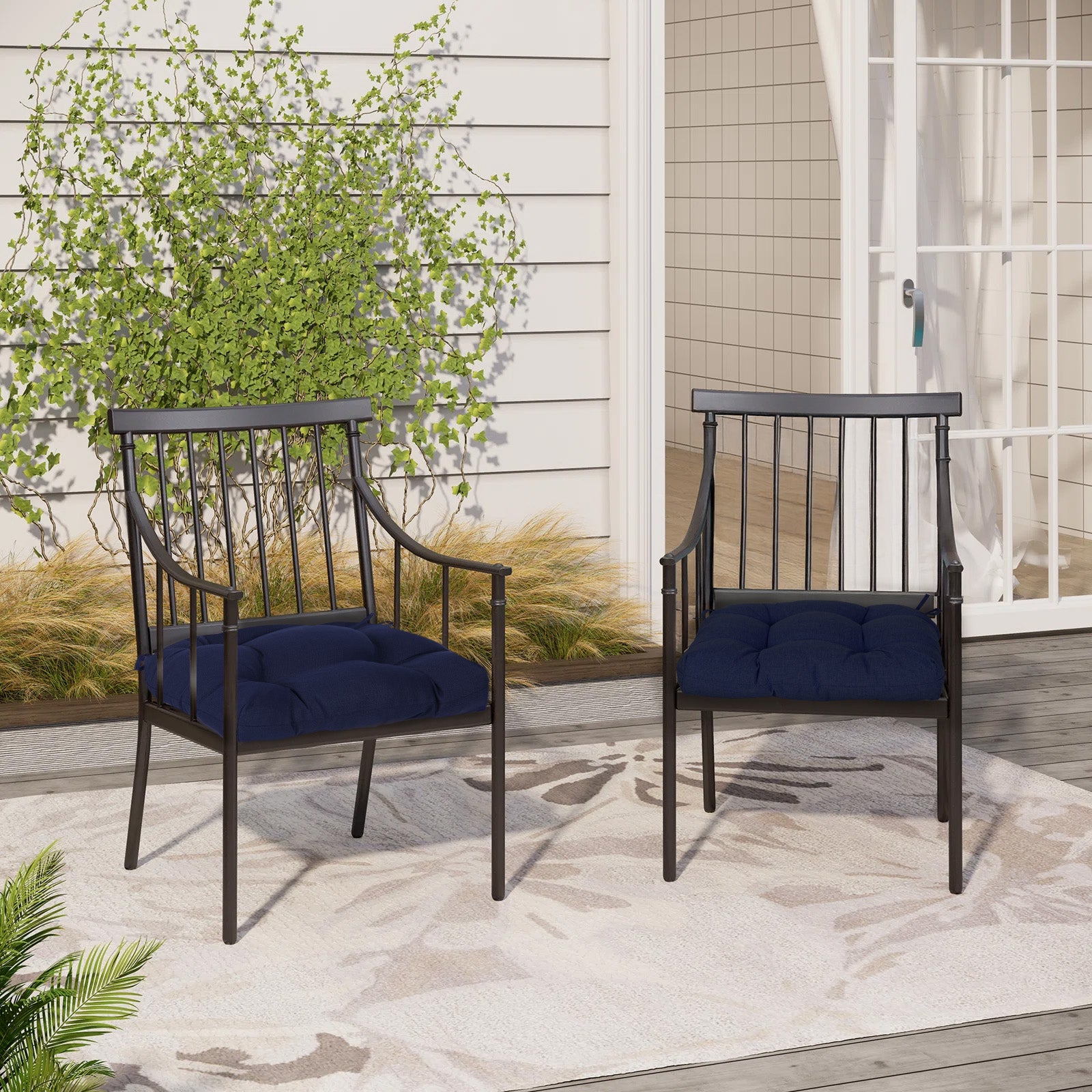 19x19x5 Inch Tufted Outdoor Chair Cushions, Water and Fade Resistant Polyester Dining Chair Pads with Ties - Dark Blue - Aoodor 