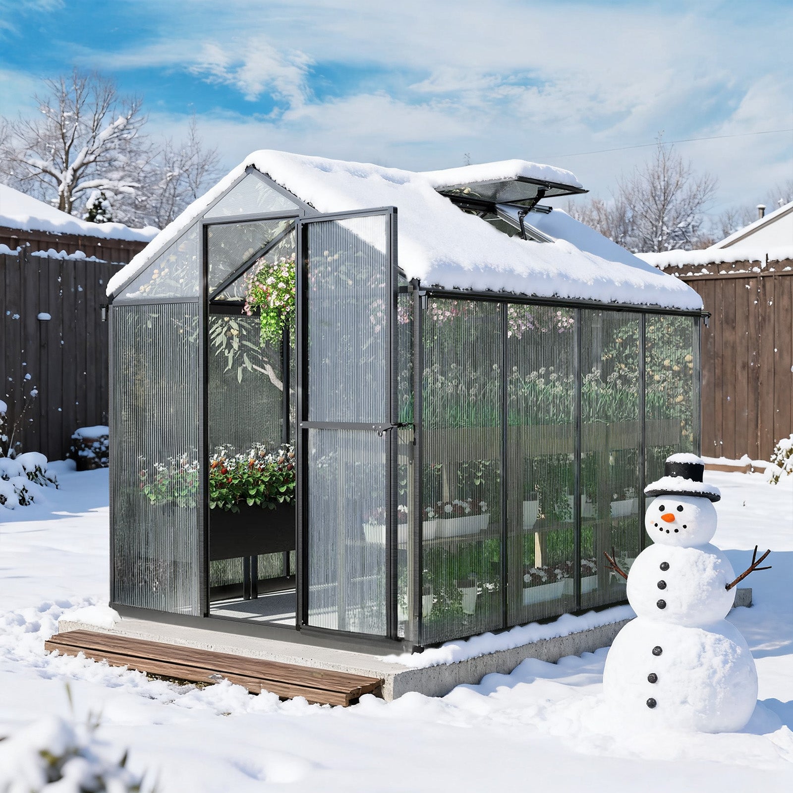 6x8/6x10 ft. Walk-in Polycarbonate Greenhouse with Roof Vent and Door lock - Aoodor 