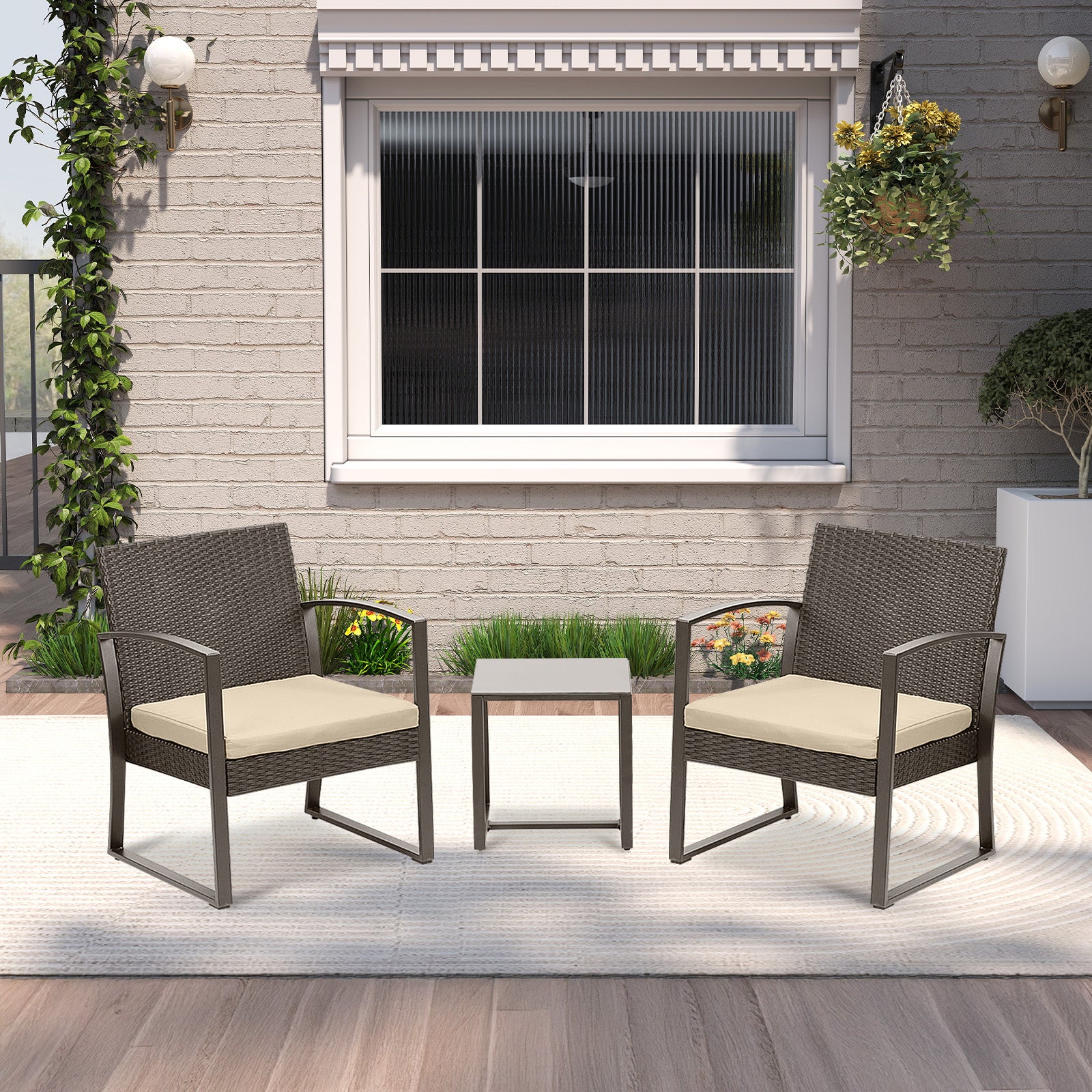 3-Piece Patio Furniture Set - Outdoor Rattan Wicker Chairs with Table, Sofa Set Including Cushions - Aoodor 