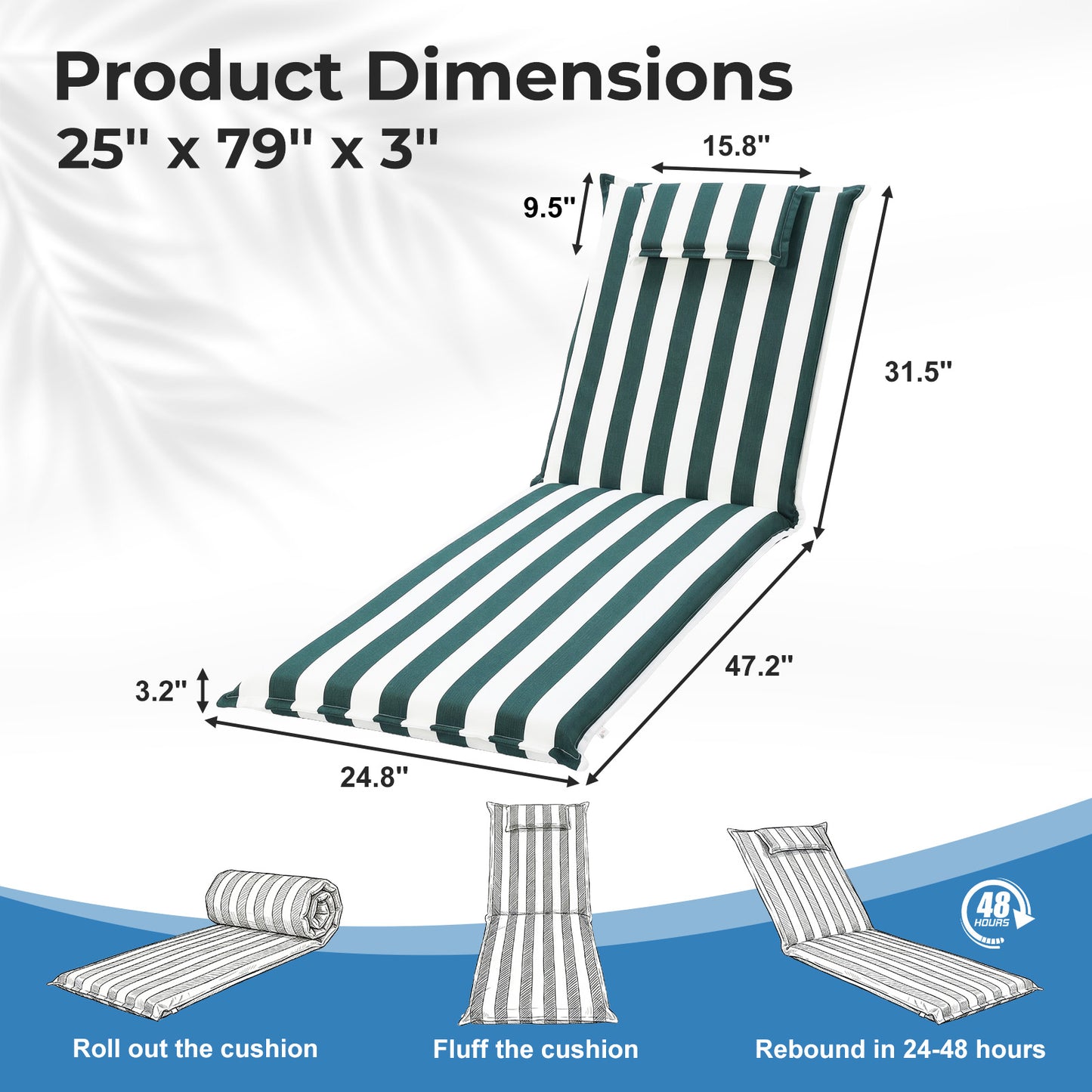 79x25x3 inch Outdoor Lounge Chair Cushion with Headrest, Green Stripe