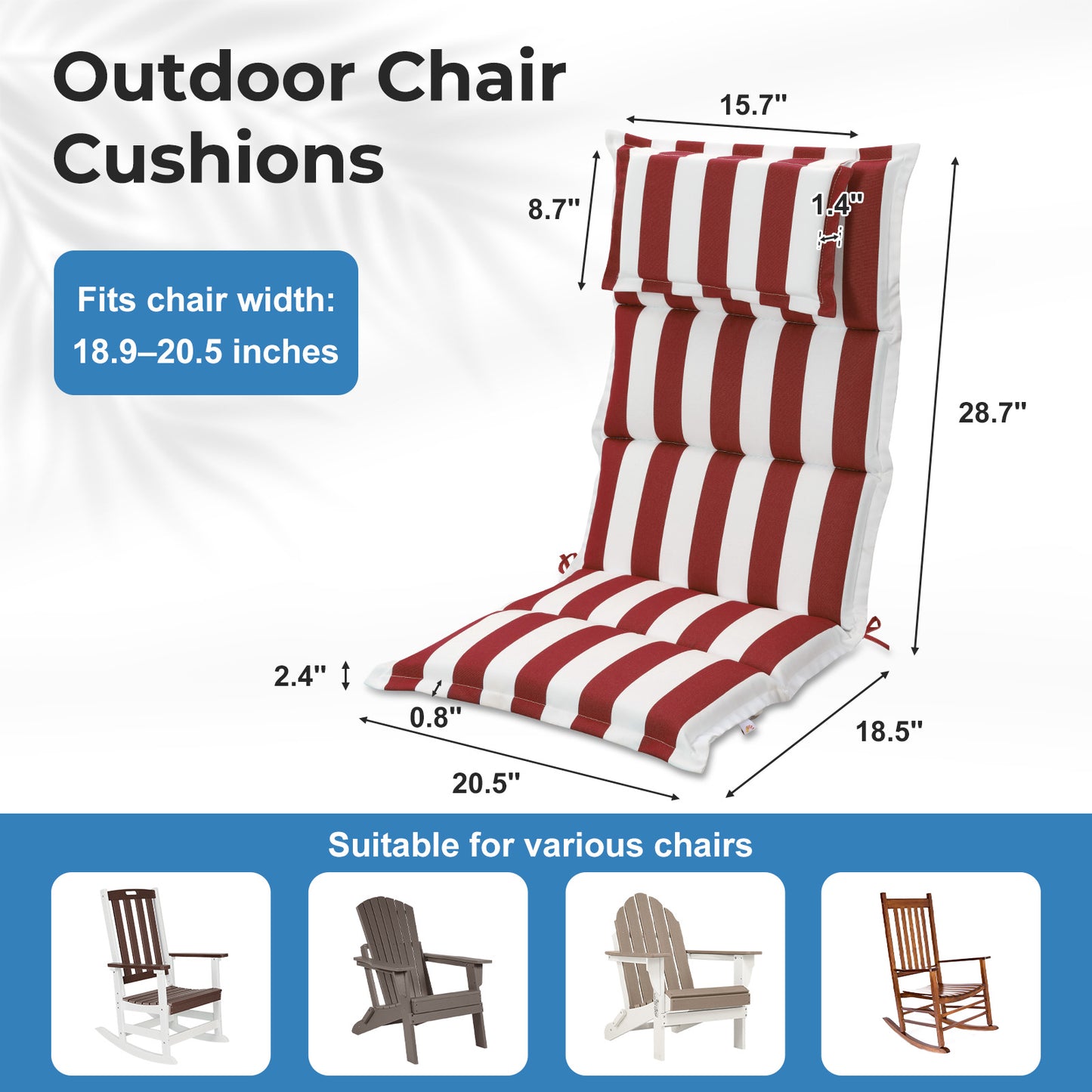 47x21x2.4 inch High Back Patio Chair Cushions with Headrest, Multi-Section, Red Stripe