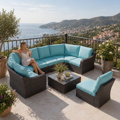 Versatile 9 Piece Half Moon Wicker Outdoor Sectional Set with Turquoise Cushions