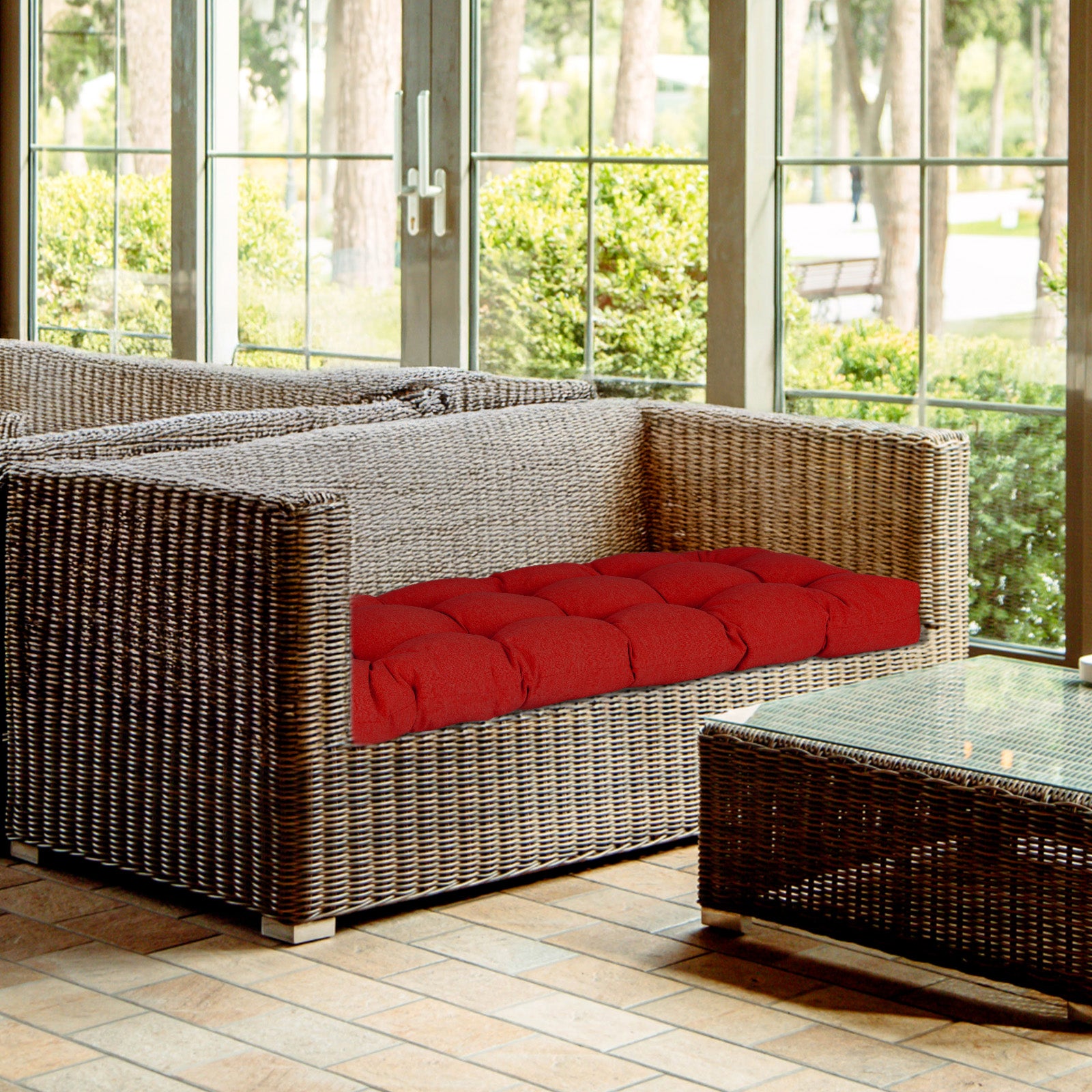 Outdoor Polyester Tufted Bench Cushion, Water & Fade Resistant, Red - Aoodor 