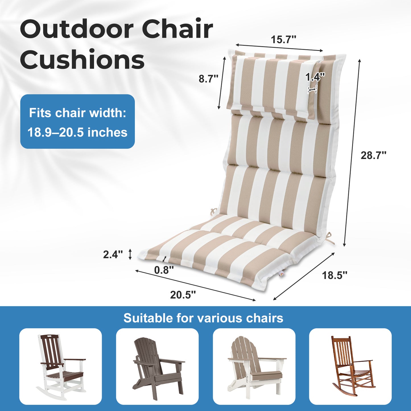 47x21x2.4 inch High Back Patio Chair Cushions with Headrest, Multi-Section, Beige Stripe