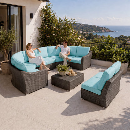10 Piece Half Moon Wicker Outdoor Sectional Set with Turquoise Cushions - Backyard Retreat