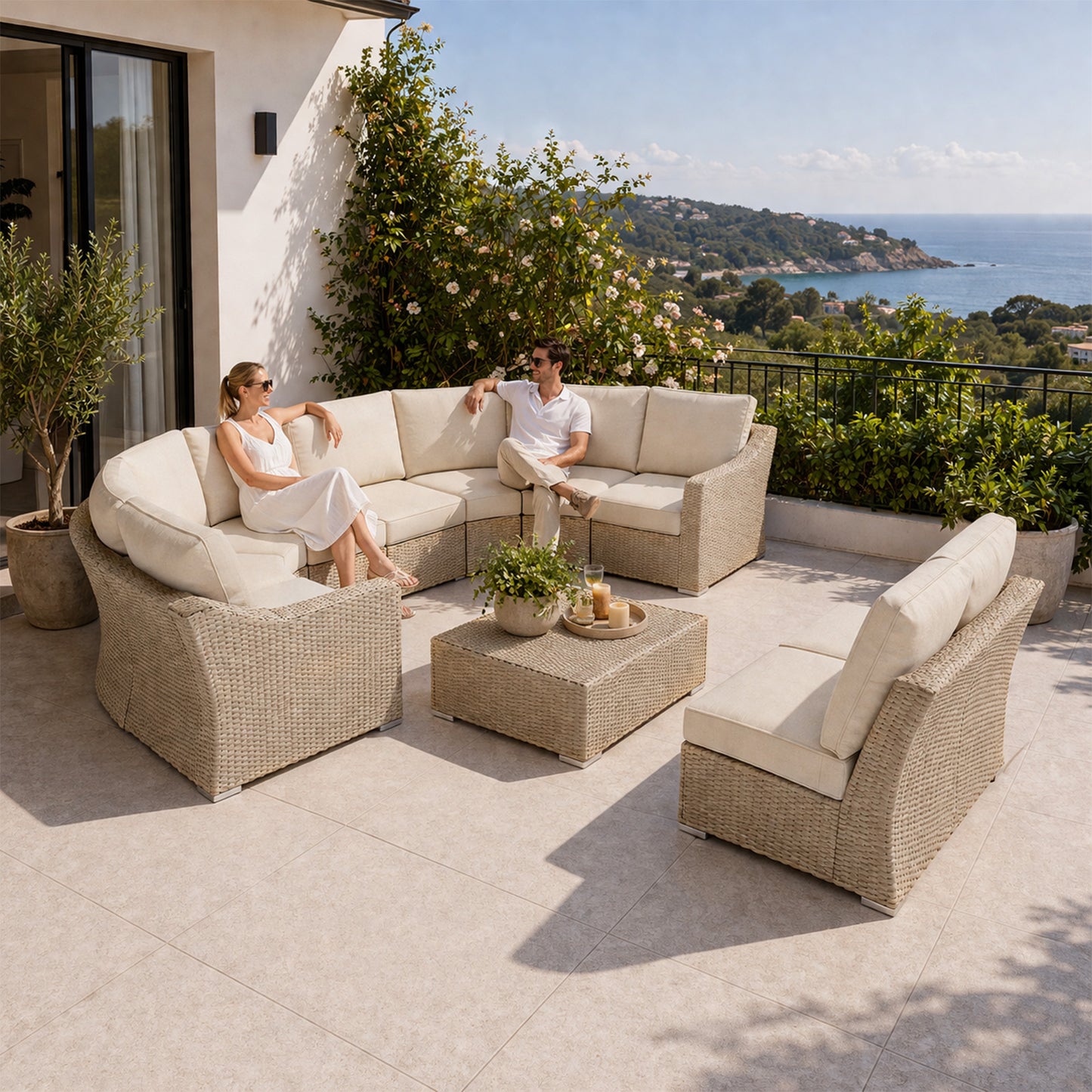 10 Piece Half Moon Wicker Outdoor Sectional Set: Weather-Resistant Luxury