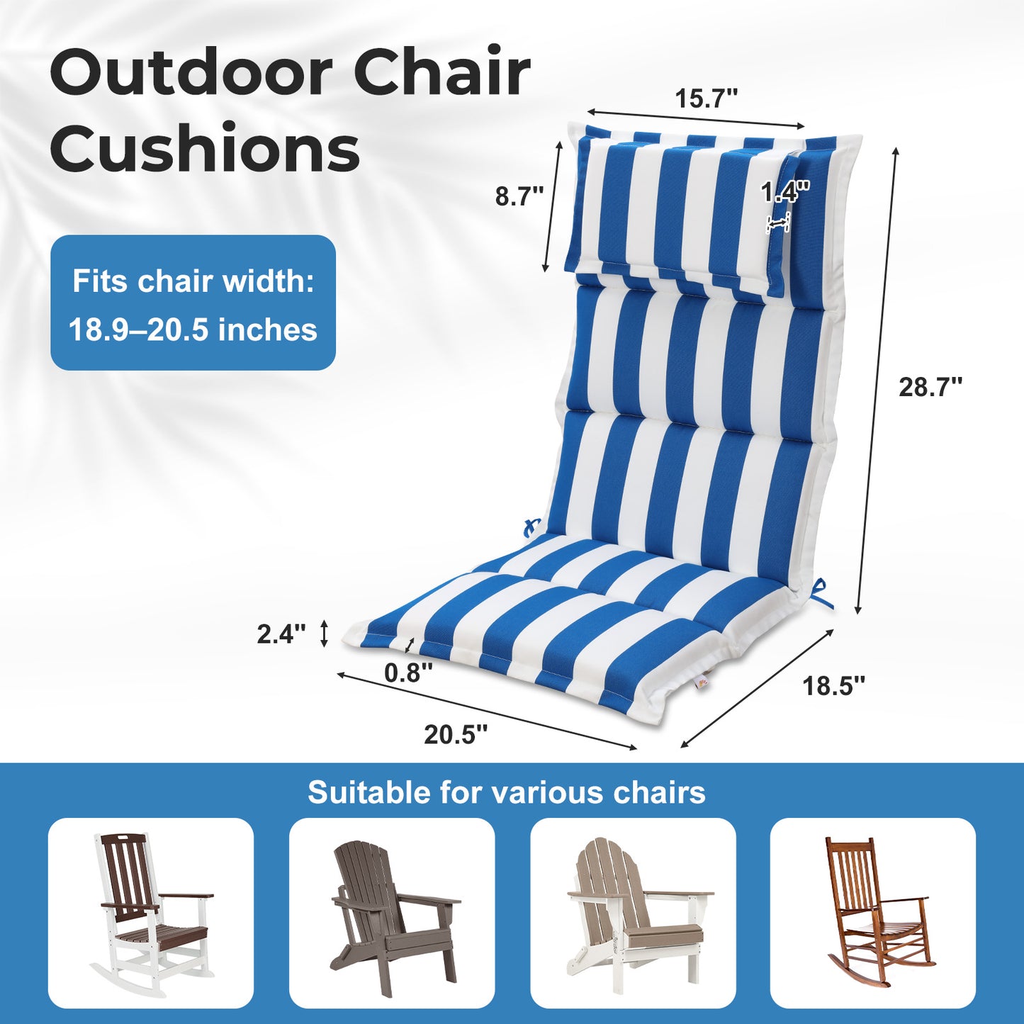 47x21x2.4 inch High Back Patio Chair Cushions with Headrest, Multi-Section, Blue Stripe