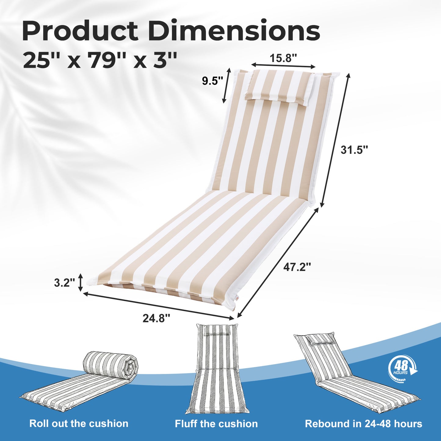 79x25x3 inch Outdoor Lounge Chair Cushion with Headrest, Beige Stripe