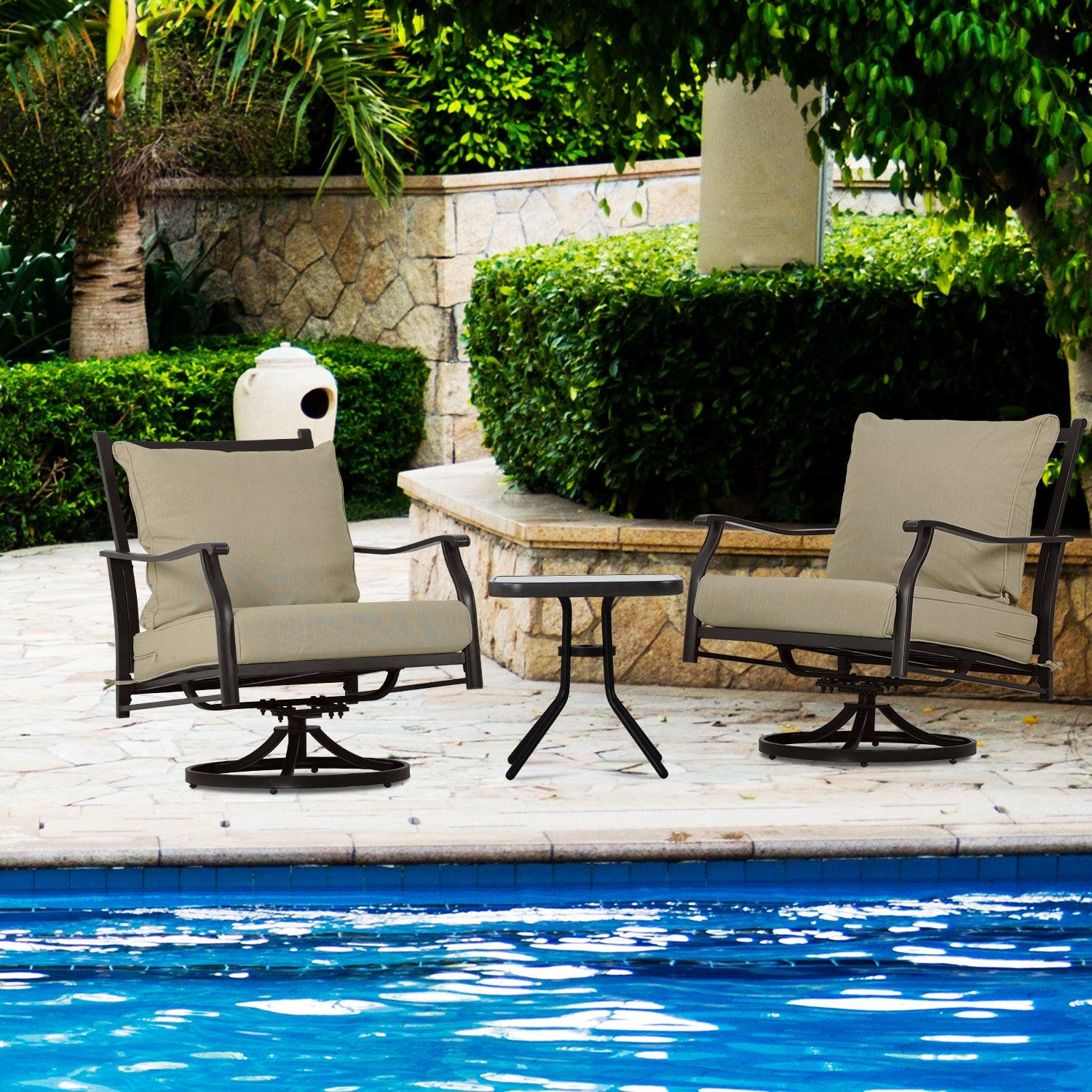 Outdoor Swivel Chair Set -  Two Chairs, One Glass Table, and Two Thick Cushions - Aoodor 