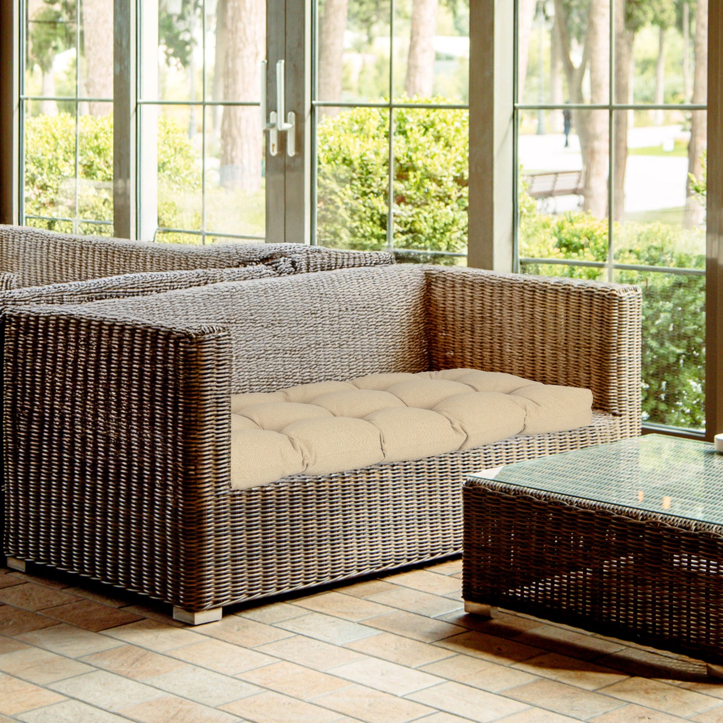 Outdoor Polyester Tufted Bench Cushion, Water & Fade Resistant, Khaki - Aoodor 