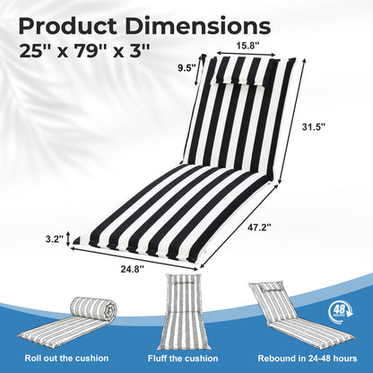 79x25x3 inch Outdoor Lounge Chair Cushion with Headrest, Black Stripe