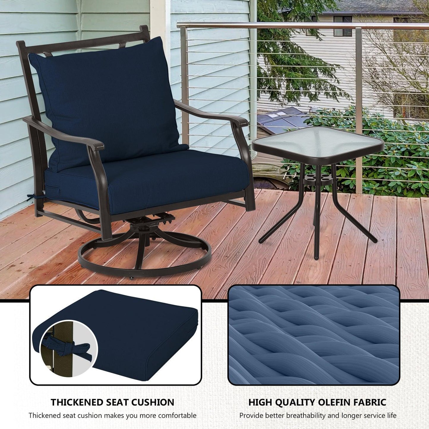 Outdoor Swivel Chair Set -  Two Chairs, One Glass Table, and Two Thick Cushions - Aoodor 