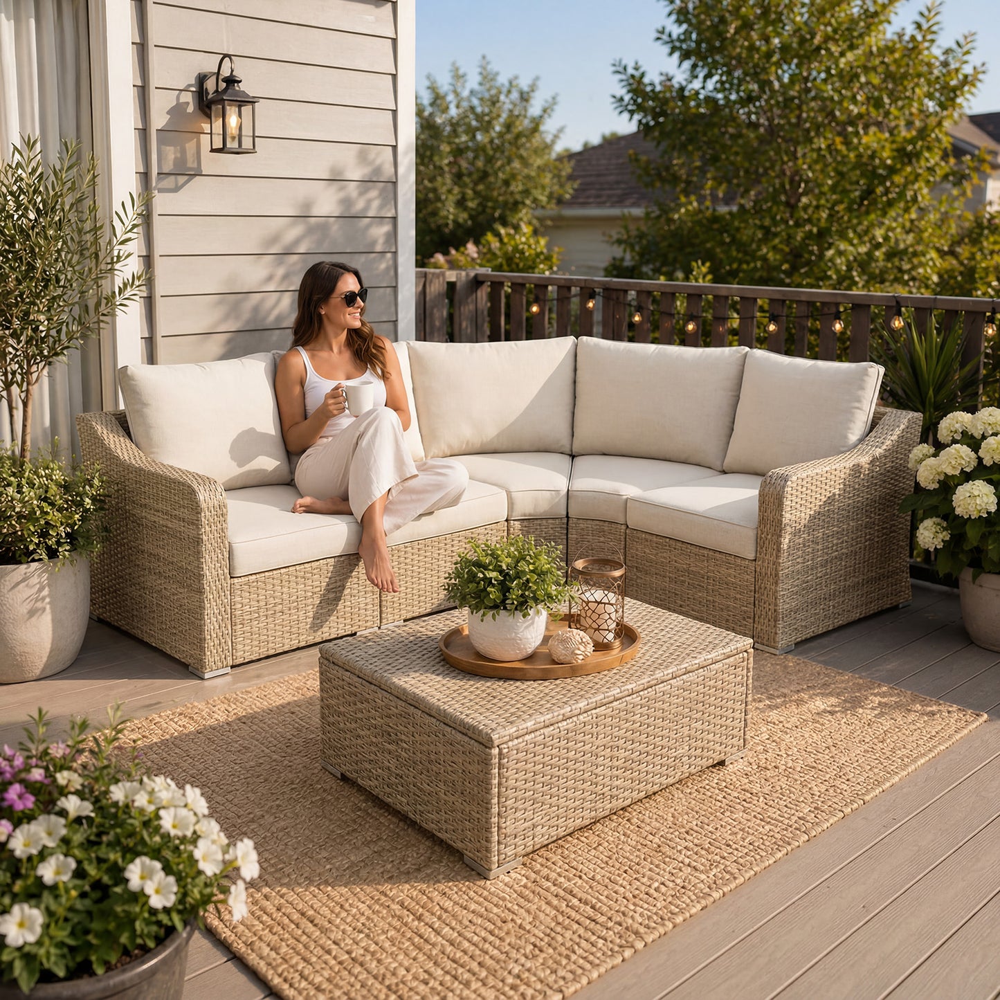 5-Piece L-shaped Patio Furniture Conversation Set with Beige Cushions – Handwoven Design