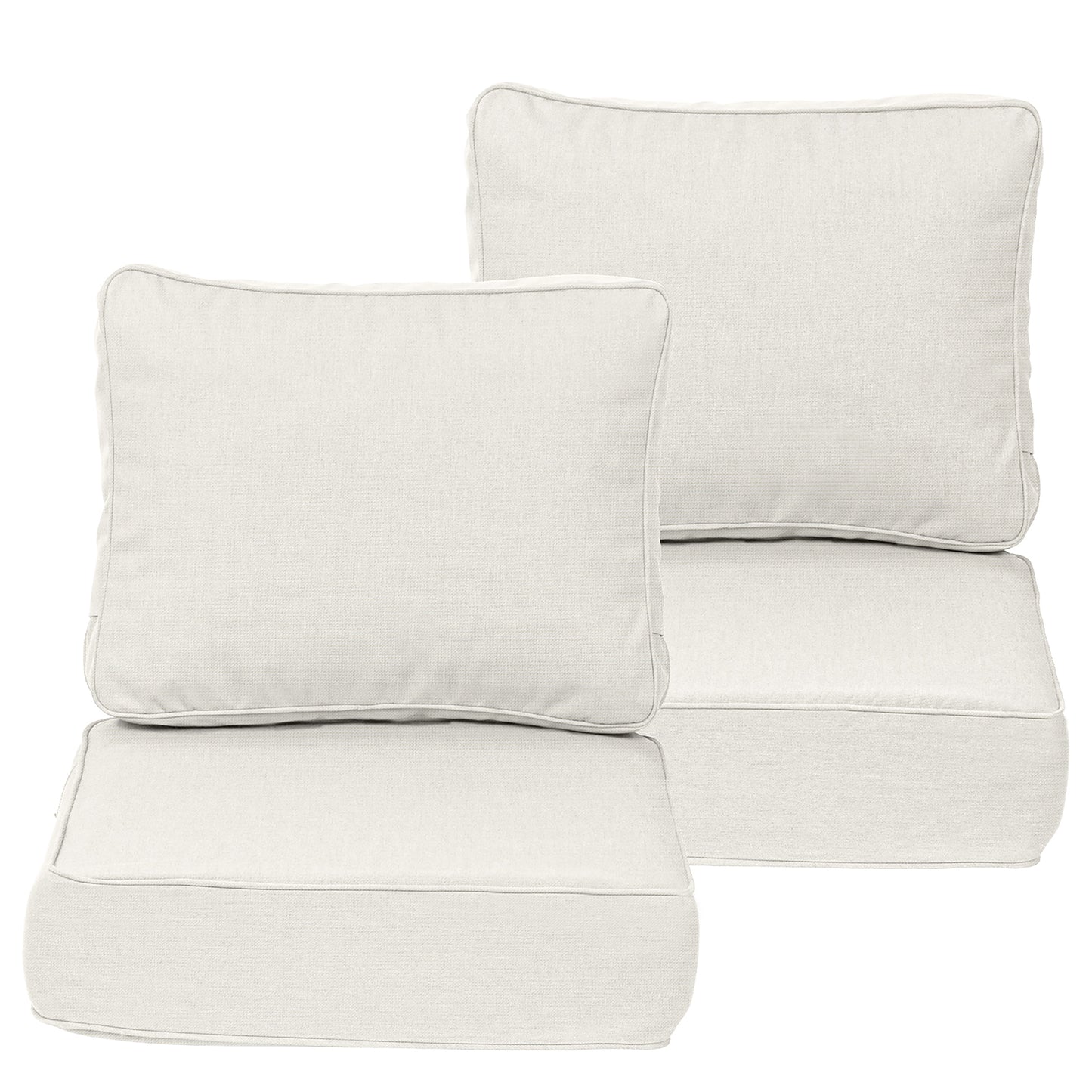 Four beige cushions on a white background