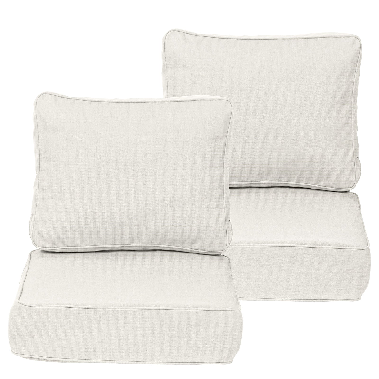 Four beige cushions on a white background
