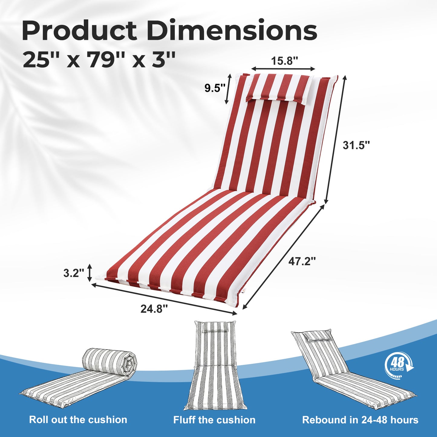 79x25x3 inch Outdoor Lounge Chair Cushion with Headrest, Red Stripe