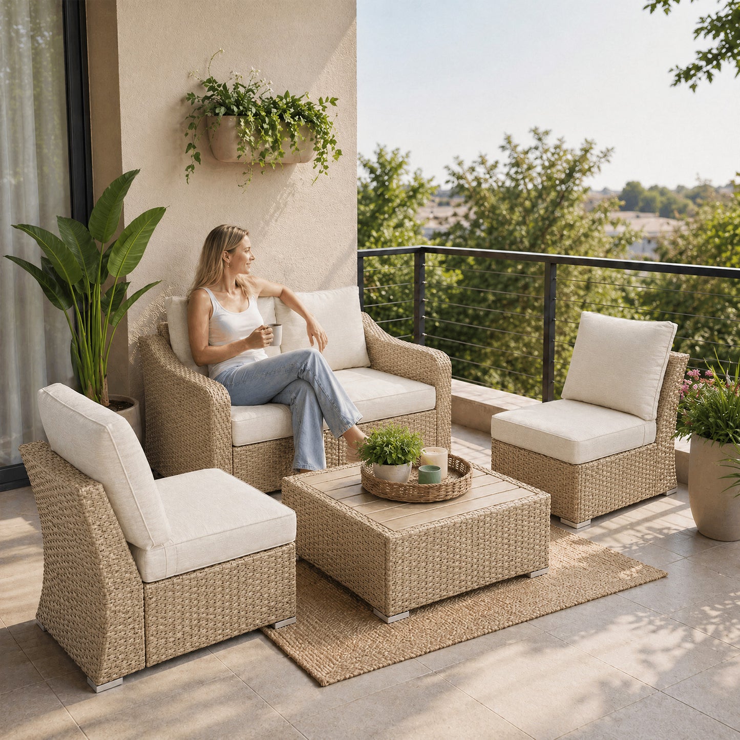 4 Piece Patio Furniture Set with Beige Cushions – Casual Contemporary
