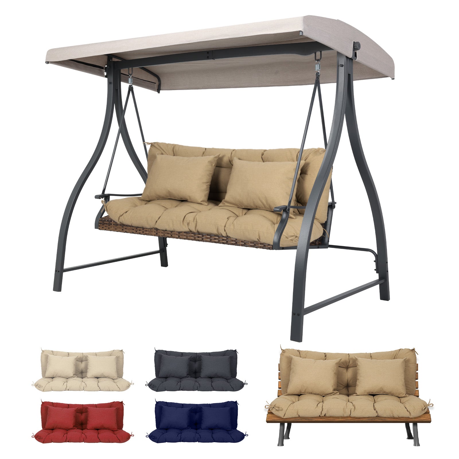 59" Tufted Porch Swing Cushions, Extra 5.1" Thick Outdoor Swing Bench Replacement Cushion with Backrest and 2 Pillows - Brown - Aoodor 