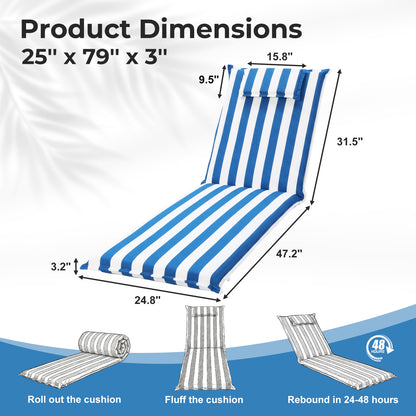 79x25x3 inch Outdoor Lounge Chair Cushion with Headrest, Blue Stripe