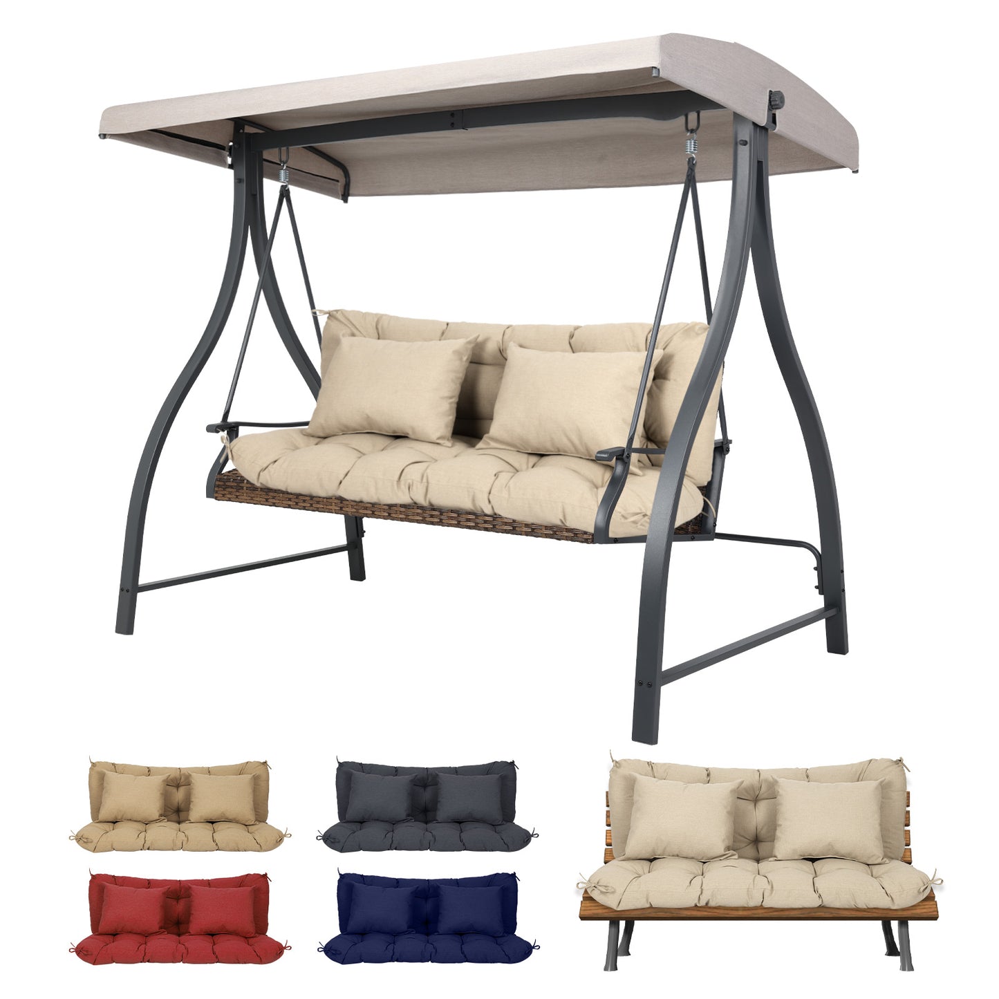 59" Tufted Porch Swing Cushions, Extra 5.1" Thick Outdoor Swing Bench Replacement Cushion with Backrest and 2 Pillows - Khaki - Aoodor 