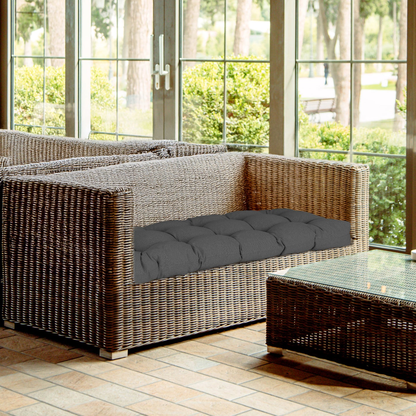 Outdoor Polyester Tufted Bench Cushion, Water & Fade Resistant, Dark Gray - Aoodor 