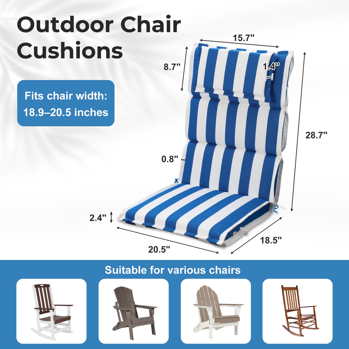 47x21x2.4 inch High Back Patio Chair Cushions with Headrest, Blue Stripe