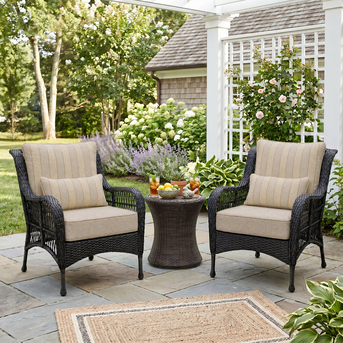 Outdoor Deep Seat Cushion Set with Lumbar Pillow, Khaki Stripes