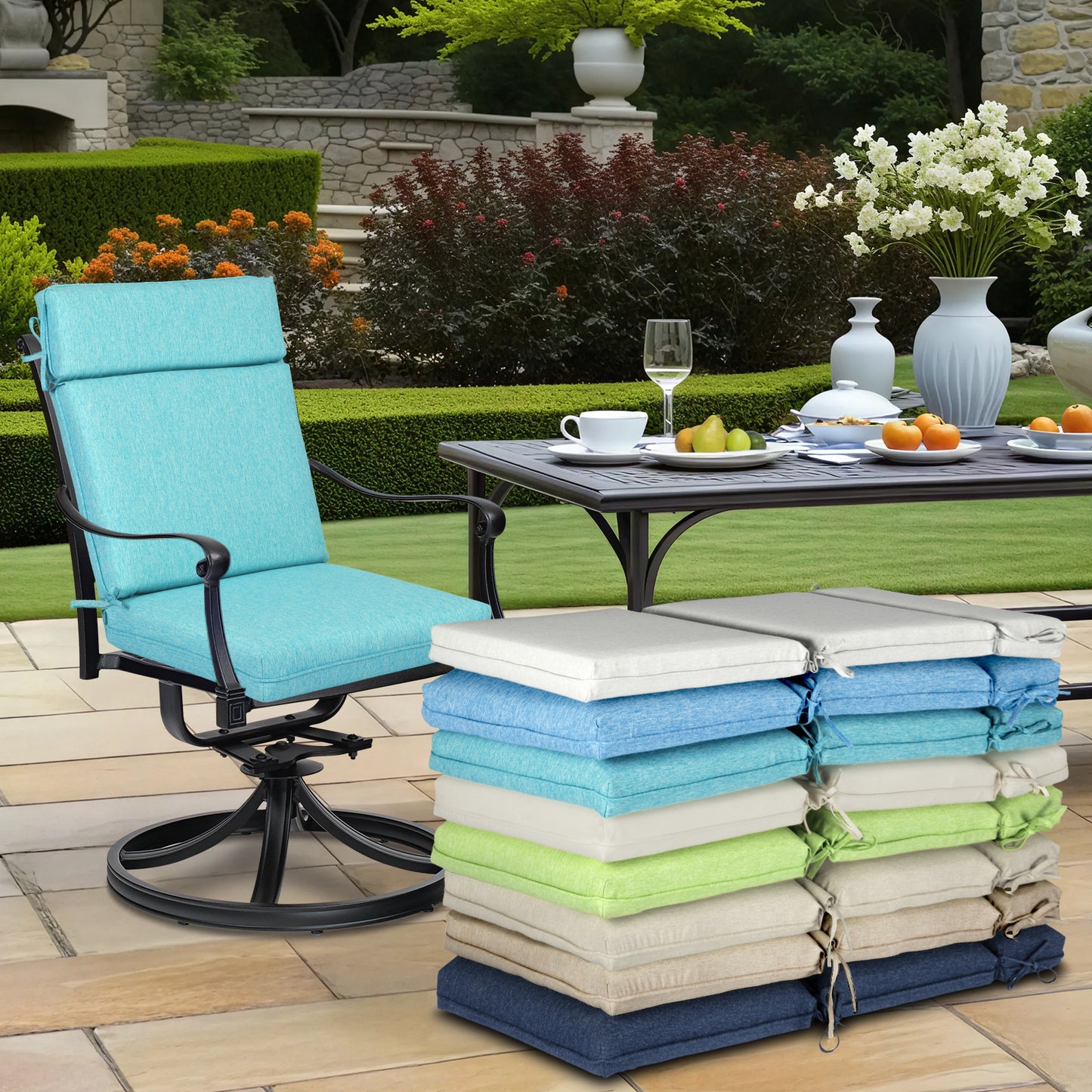 Outdoor High Back Dining Chair Cushion Set, Polyester Fabric, TPU Water Repellent Coating, Teal - Aoodor 
