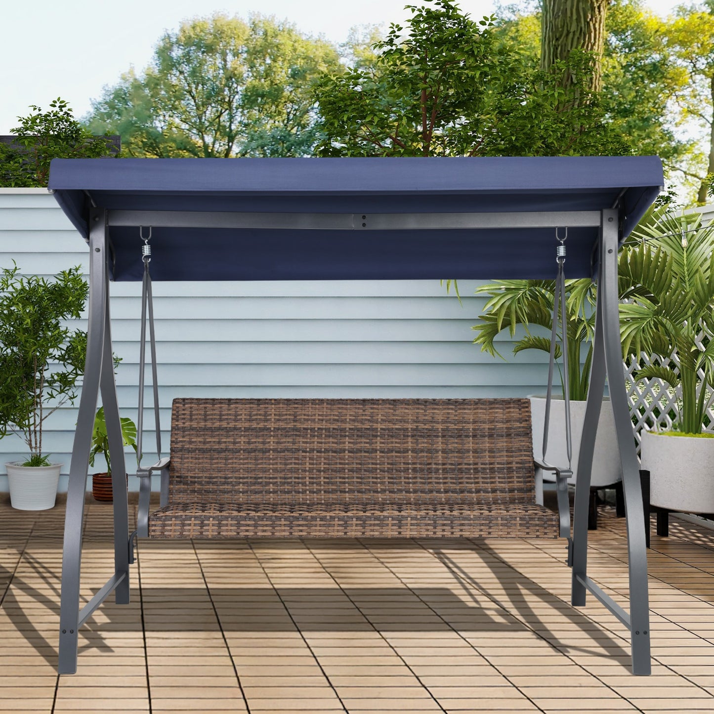 3-Seat Outdoor Rattan Patio Swing with Adjustable Canopy