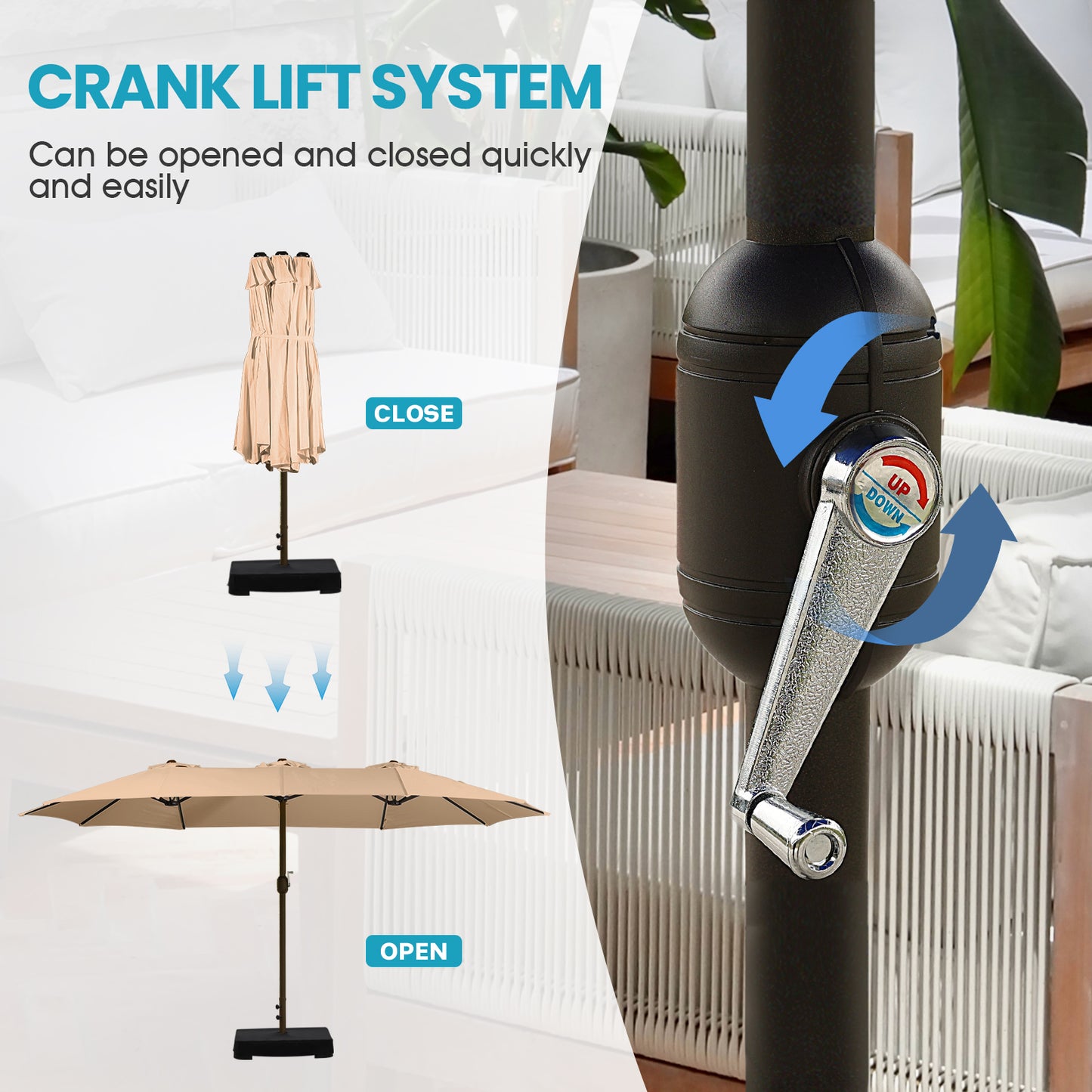 15 ft. Double Sided Patio Market Umbrella with Base Stand - Aoodor 