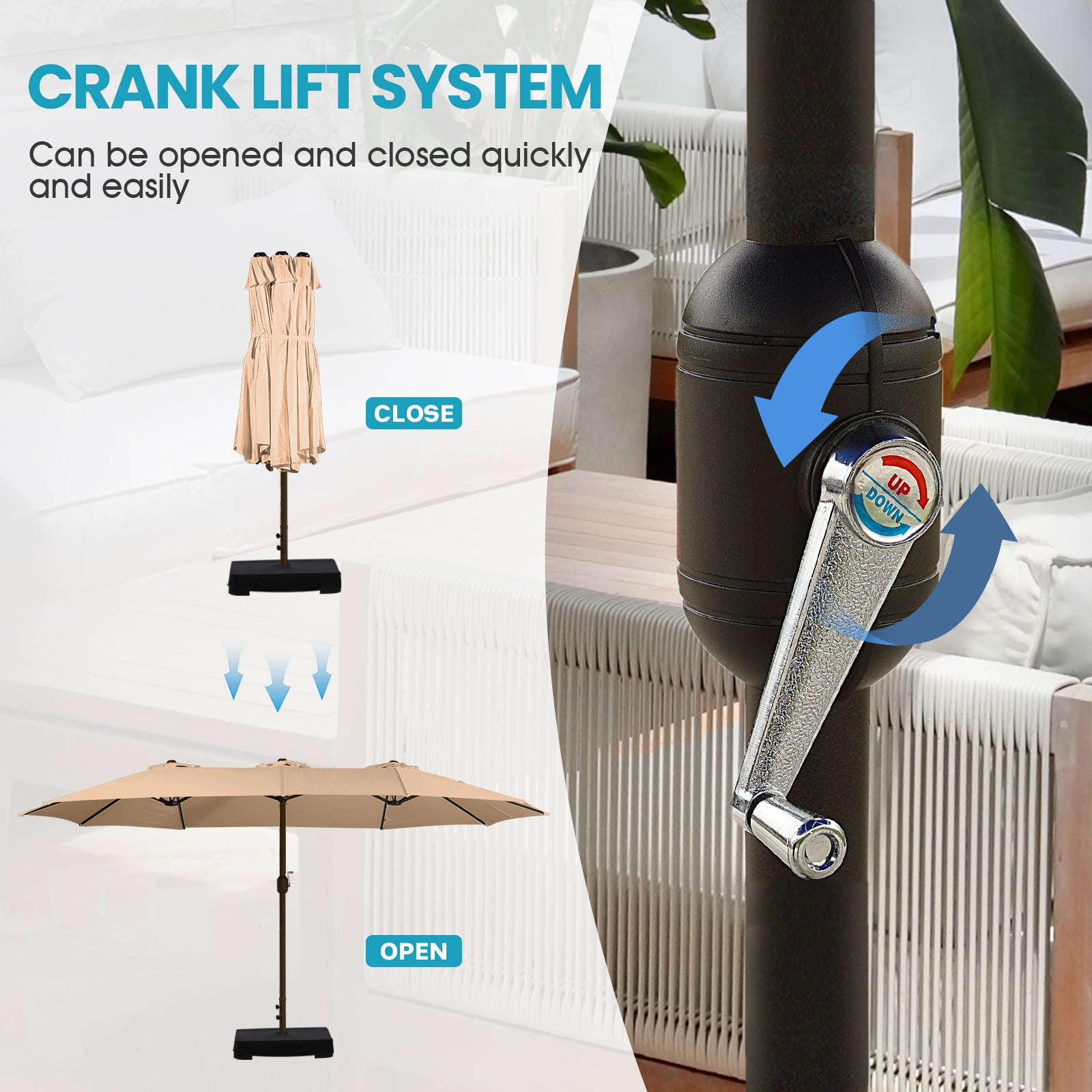 15 ft. Double Sided Patio Market Umbrella with Base Stand - Aoodor 