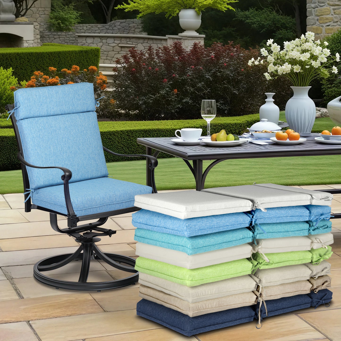Outdoor High Back Dining Chair Cushion Set, Polyester Fabric, TPU Water Repellent Coating, Lake Blue