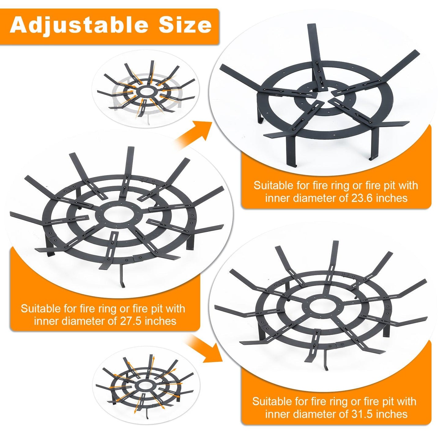 32 inch Round Adjustable Fire Grate, Heavy Duty, Smoke-Free Fire Pit Grate - Aoodor 