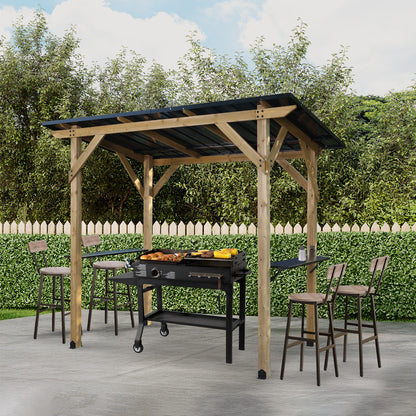 8'x5' Wooden Grill Gazebo, Outdoor Hardtop Gazebo with Sloping Metal Roof and 2 Side Shelves, Fits Most Grills, BBQ Canopy