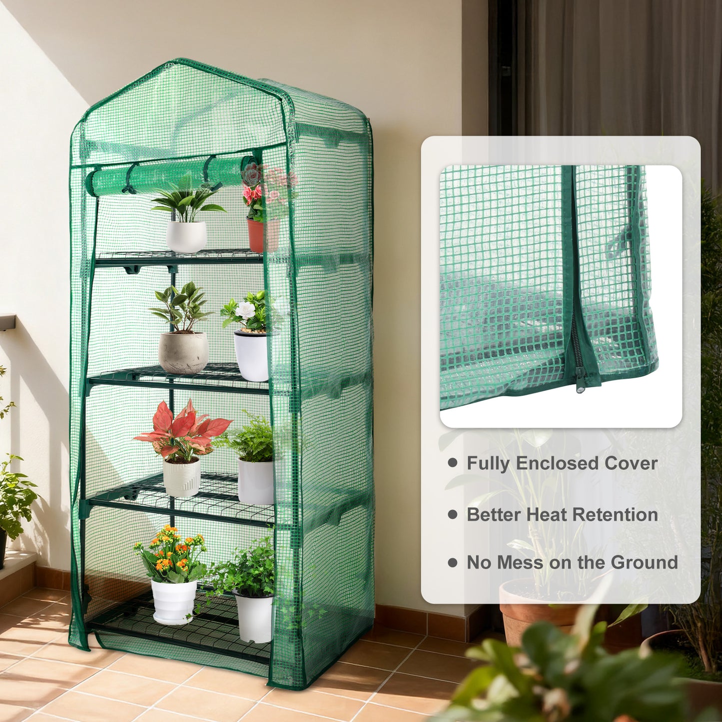 4 Tier Upgrade Greenhouse with Protective PE Base, Green - Aoodor 