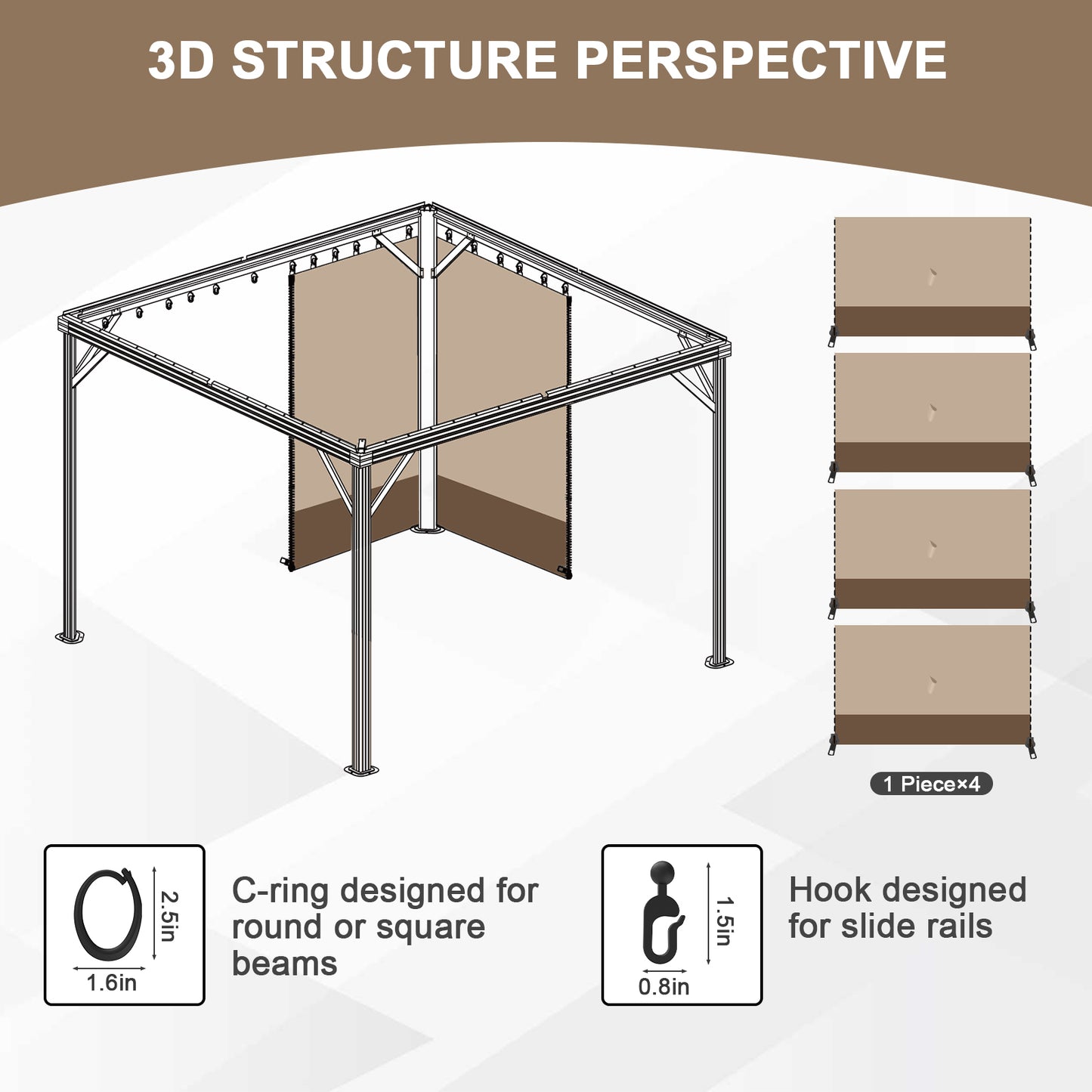 Outdoor Gazebo Curtains, 4 Panels Privacy Sidewall Replacement (Curtain Only) - Sand Yellow and Brown - Aoodor 