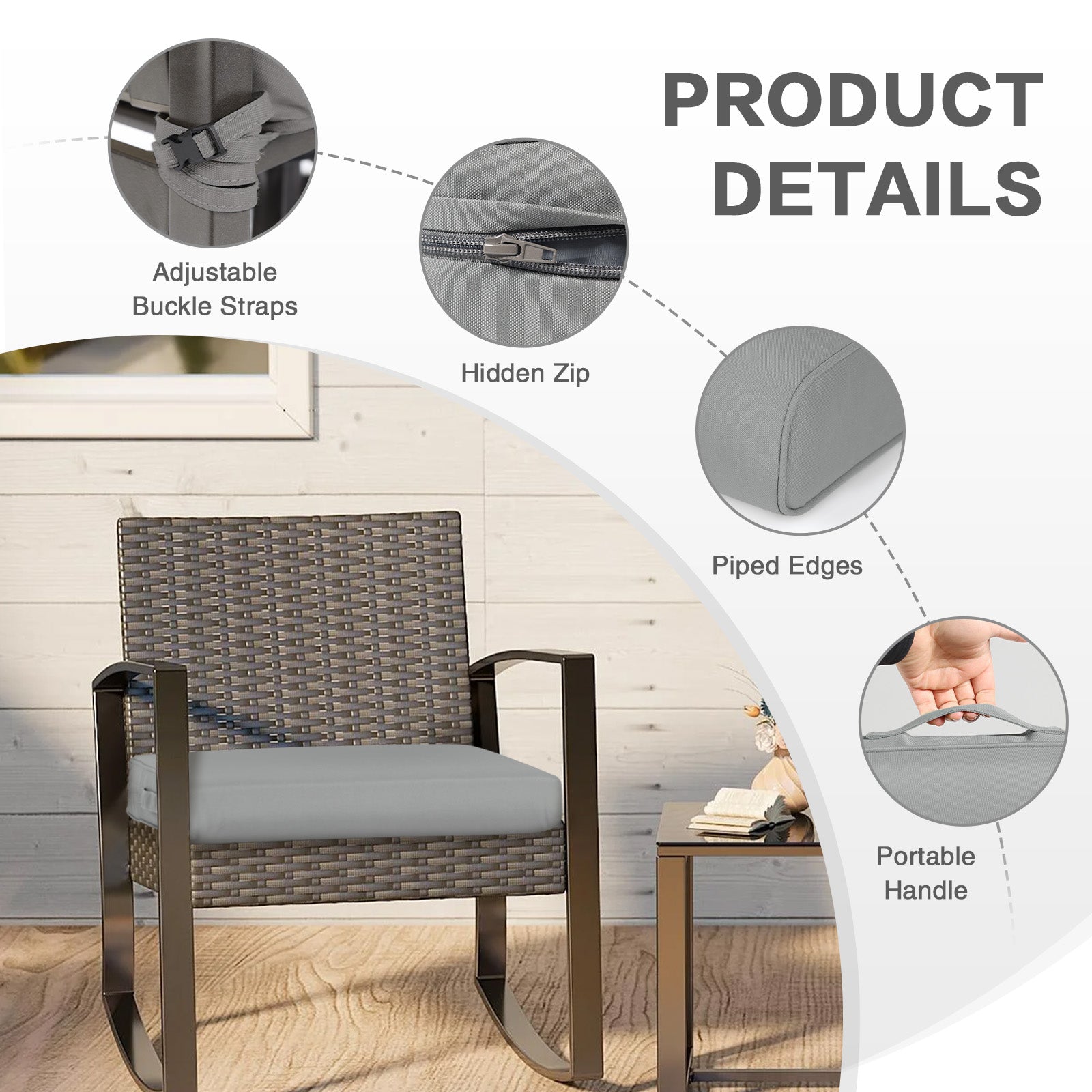 Outdoor Chair Cushion , Removable Cover with Hidden Zipper, Adaptable Secure Ties - Gray - Aoodor 